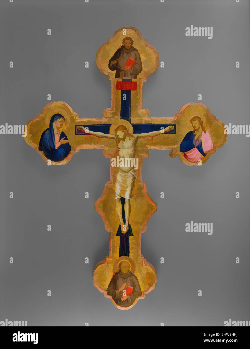 Art inspired by Crucifix, 1370–75, Tempera auf Holz, goldgeschliffen, 18 x 13 1/4 Zoll (45,7 x 33,7 cm), Gemälde, Meister der Orcagnesken Misericordia (Italienisch, Florenz, aktive zweite Hälfte 14. Jahrhundert), Dieses Kruzifix hätte auf einem Altar ausgestellt oder in Prozessionen getragen werden können, Klassische Werke, die von Artotop mit einem Schuss Moderne modernisiert wurden. Formen, Farbe und Wert, auffällige visuelle Wirkung auf Kunst. Emotionen durch Freiheit von Kunstwerken auf zeitgemäße Weise. Eine zeitlose Botschaft, die eine wild kreative neue Richtung verfolgt. Künstler, die sich dem digitalen Medium zuwenden und die Artotop NFT erschaffen Stockfoto