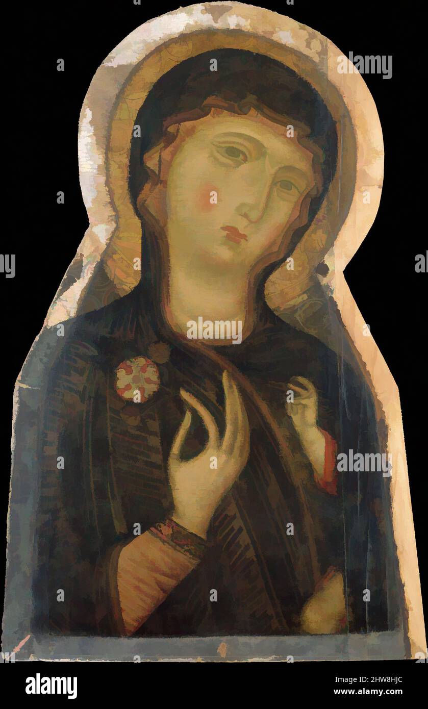 Kunst inspiriert von Madonna und Kind, ca. 1280, Tempera auf Holz, unregelmäßig, 29 1/2 x 18 1/4 Zoll (74,9 x 46,4 cm), Gemälde, Meister der Magdalen (Italienisch, Florenz, aktiv 1265–95), gemalt im Jahre 1280s, ist dieser Kopf ein Fragment eines großen Gemäldes der Madonna mit Kind (dessen, klassische Werke von Artotop mit einem Schuss Moderne modernisiert. Formen, Farbe und Wert, auffällige visuelle Wirkung auf Kunst. Emotionen durch Freiheit von Kunstwerken auf zeitgemäße Weise. Eine zeitlose Botschaft, die eine wild kreative neue Richtung verfolgt. Künstler, die sich dem digitalen Medium zuwenden und die Artotop NFT erschaffen Stockfoto