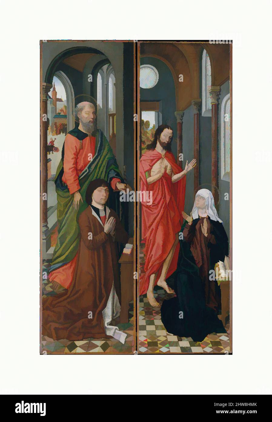 Kunst, inspiriert von Paulus mit Paolo Pagagnotti; Christus erscheint seiner Mutter, Ende 1480s, Öl auf Holz, (A) insgesamt 37 3/8 x 11 3/8 Zoll (94,9 x 28,9 cm), lackierte Oberfläche 36 3/4 x 10 7/8 Zoll (93,4 x 27,6 cm); (b) insgesamt 37 1/4 x 11 1/4 Zoll (94,6 x 28,6 cm), bemalte Oberfläche 36 3/4 x, Classic Works modernisiert von Artotop mit einem Schuss Moderne. Formen, Farbe und Wert, auffällige visuelle Wirkung auf Kunst. Emotionen durch Freiheit von Kunstwerken auf zeitgemäße Weise. Eine zeitlose Botschaft, die eine wild kreative neue Richtung verfolgt. Künstler, die sich dem digitalen Medium zuwenden und die Artotop NFT erschaffen Stockfoto