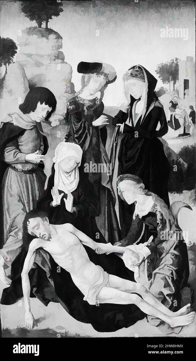 Kunst inspiriert von der Lamentation, Öl auf Holz, 34 7/8 x 20 1/4 Zoll (88,6 x 51,4 cm), Gemälde, Anhänger des Meisters der Jungfrau unter den Jungfrauen (Niederländisch, aktiv Ende 15. Jahrhundert), Gemälde des Meisters der Jungfrau unter den Jungfrauen, ein Anhänger von Geertgen tot Sint Jans, dessen klassische Werke von Artotop mit einem Schuss Moderne modernisiert wurden. Formen, Farbe und Wert, auffällige visuelle Wirkung auf Kunst. Emotionen durch Freiheit von Kunstwerken auf zeitgemäße Weise. Eine zeitlose Botschaft, die eine wild kreative neue Richtung verfolgt. Künstler, die sich dem digitalen Medium zuwenden und die Artotop NFT erschaffen Stockfoto