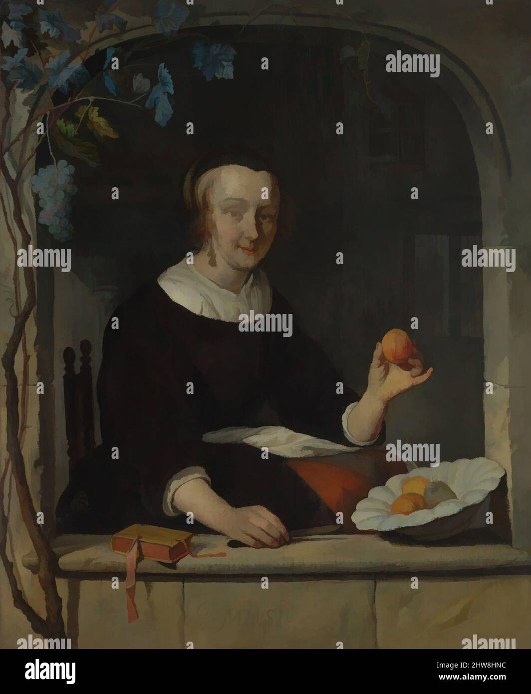 Kunst inspiriert von Einer Frau, die am Fenster sitzt, Anfang 1660s, Öl auf Holz, 10 7/8 x 8 7/8 Zoll (27,6 x 22,5 cm), Gemälde, Gabriël Metsu (Niederländisch, Leiden 1629–1667 Amsterdam), Eine Hausfrau hält einen Apfel, der in diesem Zusammenhang eher auf die Neue Eva (die Jungfrau Maria) verweist als auf die alten, von Artotop mit einem Schuss Moderne modernisierten klassischen Werke. Formen, Farbe und Wert, auffällige visuelle Wirkung auf Kunst. Emotionen durch Freiheit von Kunstwerken auf zeitgemäße Weise. Eine zeitlose Botschaft, die eine wild kreative neue Richtung verfolgt. Künstler, die sich dem digitalen Medium zuwenden und die Artotop NFT erschaffen Stockfoto