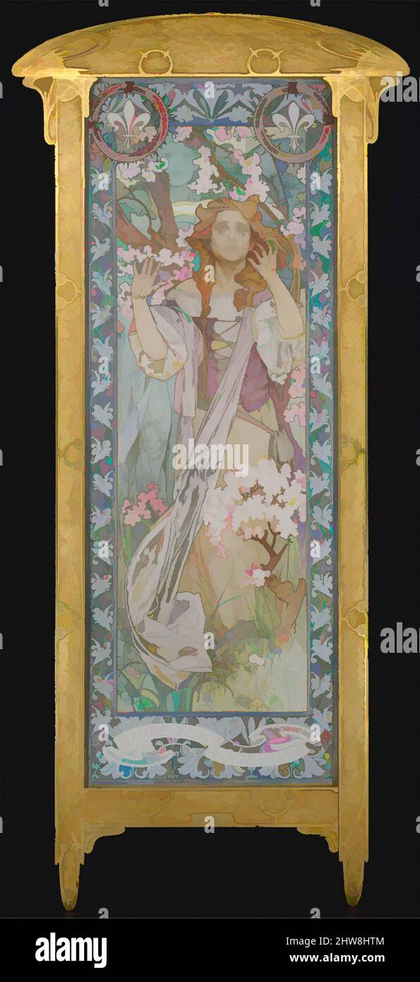 Kunst inspiriert von Maude Adams (1872–1953) als Jeanne d'Arc, 1909, Öl auf Leinwand, 82 1/4 x 30 Zoll (208,9 x 76,2 cm), Gemälde, Alphonse Mucha (Tschechisch, Ivančice 1860–1939 Prag), gemalt 1909 in Chicago, zeigt dieses Bild die amerikanische Schauspielerin Maude Adams in der Rolle der Jeanne d'Arc in, Klassische Werke, die von Artotop mit einem Schuss Moderne modernisiert wurden. Formen, Farbe und Wert, auffällige visuelle Wirkung auf Kunst. Emotionen durch Freiheit von Kunstwerken auf zeitgemäße Weise. Eine zeitlose Botschaft, die eine wild kreative neue Richtung verfolgt. Künstler, die sich dem digitalen Medium zuwenden und die Artotop NFT erschaffen Stockfoto