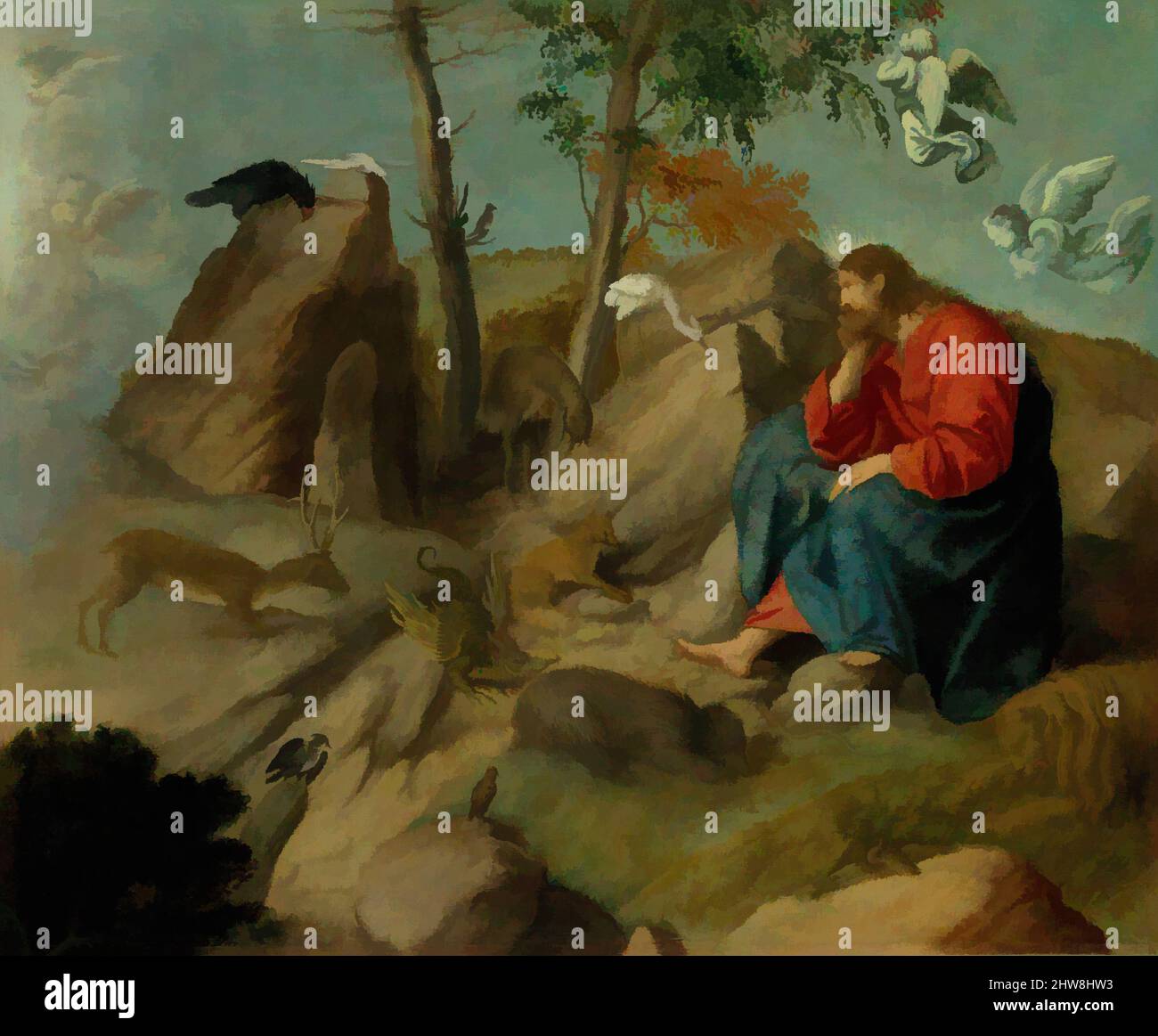 Kunst inspiriert von Christus in der Wildnis, ca. 1515–20, Öl auf Leinwand, 18 x 21 3/4 Zoll (45,7 x 55,2 cm), Gemälde, Moretto da Brescia (Alessandro Bonvicino) (Italienisch, Brescia ca. 1498–1554 Brescia), nach seiner Taufe durch Johannes den Täufer, zog sich Christus für vierzig Jahre in die Wildnis zurück. Formen, Farbe und Wert, auffällige visuelle Wirkung auf Kunst. Emotionen durch Freiheit von Kunstwerken auf zeitgemäße Weise. Eine zeitlose Botschaft, die eine wild kreative neue Richtung verfolgt. Künstler, die sich dem digitalen Medium zuwenden und die Artotop NFT erschaffen Stockfoto