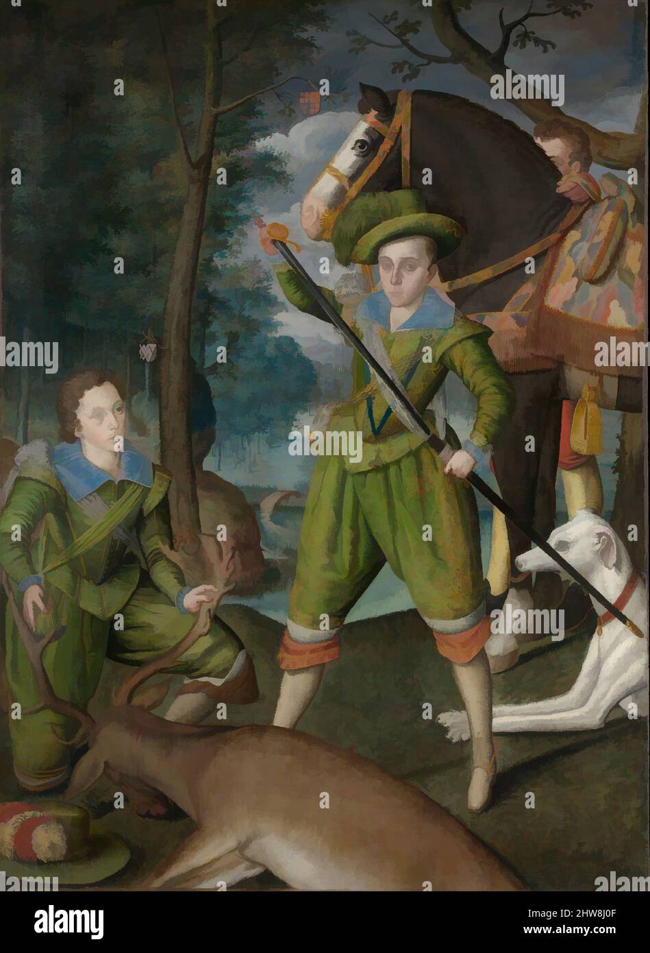 Kunst inspiriert von Henry Frederick (1594–1612), Prinz von Wales, mit Sir John Harington (1592–1614), in the Hunting Field, 1603, Öl auf Leinwand, 79 1/2 x 58 Zoll (201,9 x 147,3 cm), Gemälde, Robert Peake der Ältere (britisch, ca. 1551–1619 London), Dieses königliche Jagdporträt wurde modelliert, Classic Works modernisiert von Artotop mit einem Schuss Moderne. Formen, Farbe und Wert, auffällige visuelle Wirkung auf Kunst. Emotionen durch Freiheit von Kunstwerken auf zeitgemäße Weise. Eine zeitlose Botschaft, die eine wild kreative neue Richtung verfolgt. Künstler, die sich dem digitalen Medium zuwenden und die Artotop NFT erschaffen Stockfoto