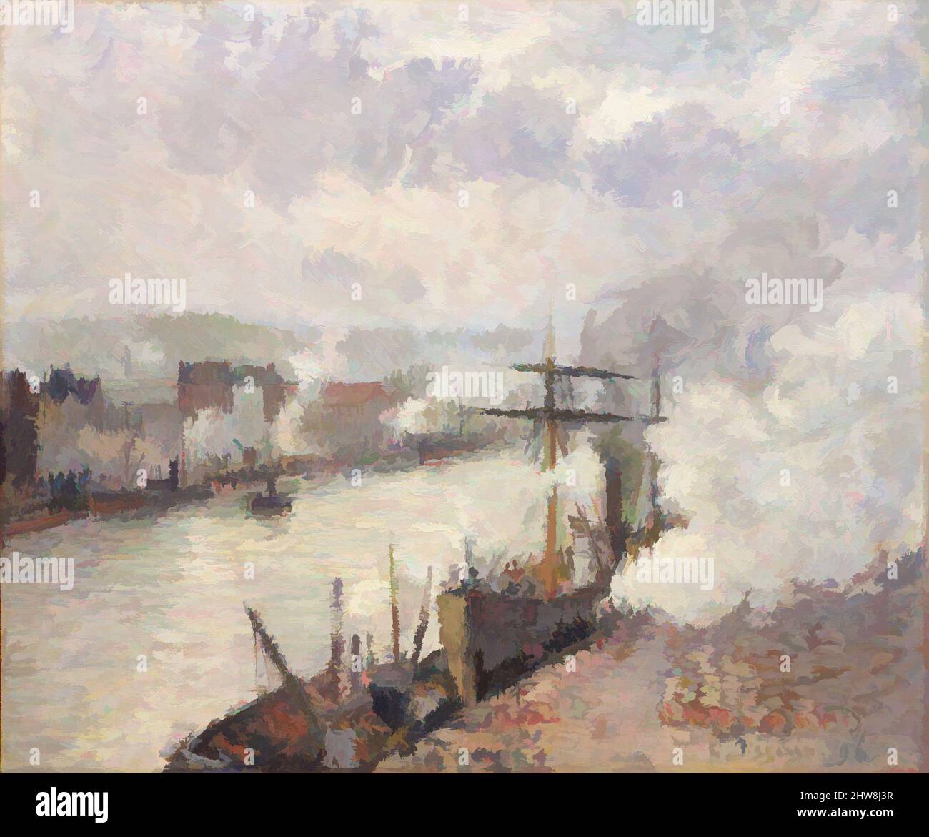 Kunst inspiriert von Dampfbooten im Hafen von Rouen, 1896, Öl auf Leinwand, 18 x 21 1/2 Zoll (45,7 x 54,6 cm), Gemälde, Camille Pissarro (Französisch, Charlotte Amalie, St. Thomas 1830–1903 Paris), als Pissarro am 20. Januar 1896 zu seinem zweiten längeren Aufenthalt in Rouen eintraf, wurde er bereits, von Artotop modernisierte klassische Werke mit einem Schuss Moderne. Formen, Farbe und Wert, auffällige visuelle Wirkung auf Kunst. Emotionen durch Freiheit von Kunstwerken auf zeitgemäße Weise. Eine zeitlose Botschaft, die eine wild kreative neue Richtung verfolgt. Künstler, die sich dem digitalen Medium zuwenden und die Artotop NFT erschaffen Stockfoto