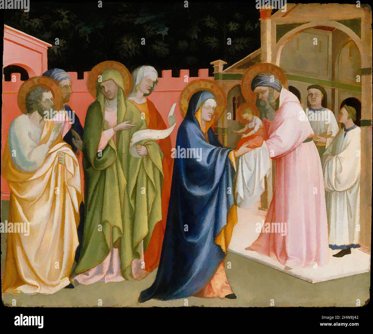 Kunst inspiriert von der Präsentation im Tempel, wahrscheinlich ca. 1430, Tempera und Gold auf Holz, 13 3/8 x 15 7/8 Zoll (34 x 40,3 cm), Gemälde, Alvaro Pirez (Portugiesisch, Évora, aktiv 1411–34 Italien), In Übereinstimmung mit dem jüdischen Ritus der Reinigung, vierzig Tage nach der Geburt Mary, Klassische Werke modernisiert von Artotop mit einem Spritzer der Moderne. Formen, Farbe und Wert, auffällige visuelle Wirkung auf Kunst. Emotionen durch Freiheit von Kunstwerken auf zeitgemäße Weise. Eine zeitlose Botschaft, die eine wild kreative neue Richtung verfolgt. Künstler, die sich dem digitalen Medium zuwenden und die Artotop NFT erschaffen Stockfoto