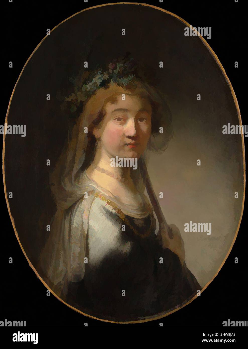 Kunst inspiriert von Einer jungen Frau als Hirtin ('Saskia as Flora'), Öl auf Leinwand, aus Holz übertragen, oval, 26 1/4 x 19 7/8 Zoll (66,7 x 50,5 cm), Gemälde, Govert Flinck (Niederländisch, Cleve 1615–1660 Amsterdam, Klassische Werke, die von Artotop mit einem Schuss Moderne modernisiert wurden. Formen, Farbe und Wert, auffällige visuelle Wirkung auf Kunst. Emotionen durch Freiheit von Kunstwerken auf zeitgemäße Weise. Eine zeitlose Botschaft, die eine wild kreative neue Richtung verfolgt. Künstler, die sich dem digitalen Medium zuwenden und die Artotop NFT erschaffen Stockfoto