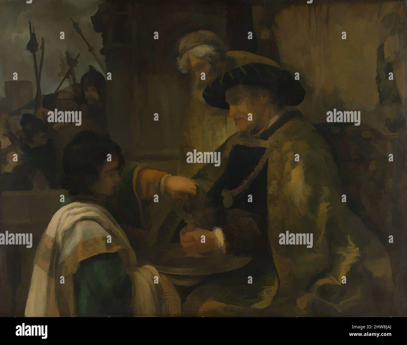 Kunst inspiriert von Pilatus Händewaschen, wahrscheinlich 1660s, Öl auf Leinwand, 51 1/4 x 65 3/4 Zoll (130,2 x 167 cm), Gemälde, Rembrandt-Stil (Niederländisch, 17.. Jahrhundert), kritische Meinungen zu diesem Bild haben sich seit etwa 1905 erheblich verändert, als Wilhelm von Bode es als "A, Classic Works modernisierte von Artotop mit einem Schuss Moderne. Formen, Farbe und Wert, auffällige visuelle Wirkung auf Kunst. Emotionen durch Freiheit von Kunstwerken auf zeitgemäße Weise. Eine zeitlose Botschaft, die eine wild kreative neue Richtung verfolgt. Künstler, die sich dem digitalen Medium zuwenden und die Artotop NFT erschaffen Stockfoto