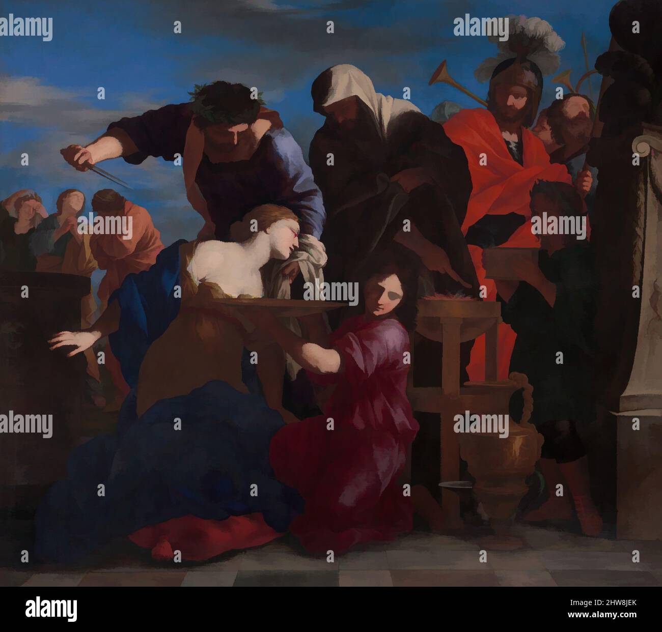 Kunst inspiriert durch das Opfer von Polyxena, Öl auf Leinwand, 77 3/4 x 88 Zoll (197,5 x 223,5 cm), Gemälde, Giovanni Francesco Romanelli (italienisch, Viterbo ca. 1610–1662 Viterbo) war Polyxena die jüngste Tochter von Priam, dem König von Troja. Nach einer griechischen Tragödie von Euripides (ca. 480–, von Artotop modernisierte klassische Werke mit einem Schuss Moderne. Formen, Farbe und Wert, auffällige visuelle Wirkung auf Kunst. Emotionen durch Freiheit von Kunstwerken auf zeitgemäße Weise. Eine zeitlose Botschaft, die eine wild kreative neue Richtung verfolgt. Künstler, die sich dem digitalen Medium zuwenden und die Artotop NFT erschaffen Stockfoto