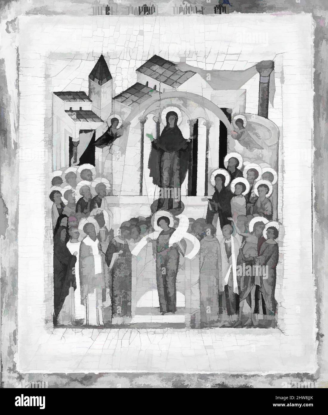 Kunst inspiriert vom Schutz der Gottesmutter, Tempera auf Holz, 12 3/8 x 10 1/2 Zoll (31,4 x 26,7 cm), Gemälde, russischer Maler (16.. Jahrhundert, Klassische Werke, die von Artotop mit einem Schuss Moderne modernisiert wurden. Formen, Farbe und Wert, auffällige visuelle Wirkung auf Kunst. Emotionen durch Freiheit von Kunstwerken auf zeitgemäße Weise. Eine zeitlose Botschaft, die eine wild kreative neue Richtung verfolgt. Künstler, die sich dem digitalen Medium zuwenden und die Artotop NFT erschaffen Stockfoto