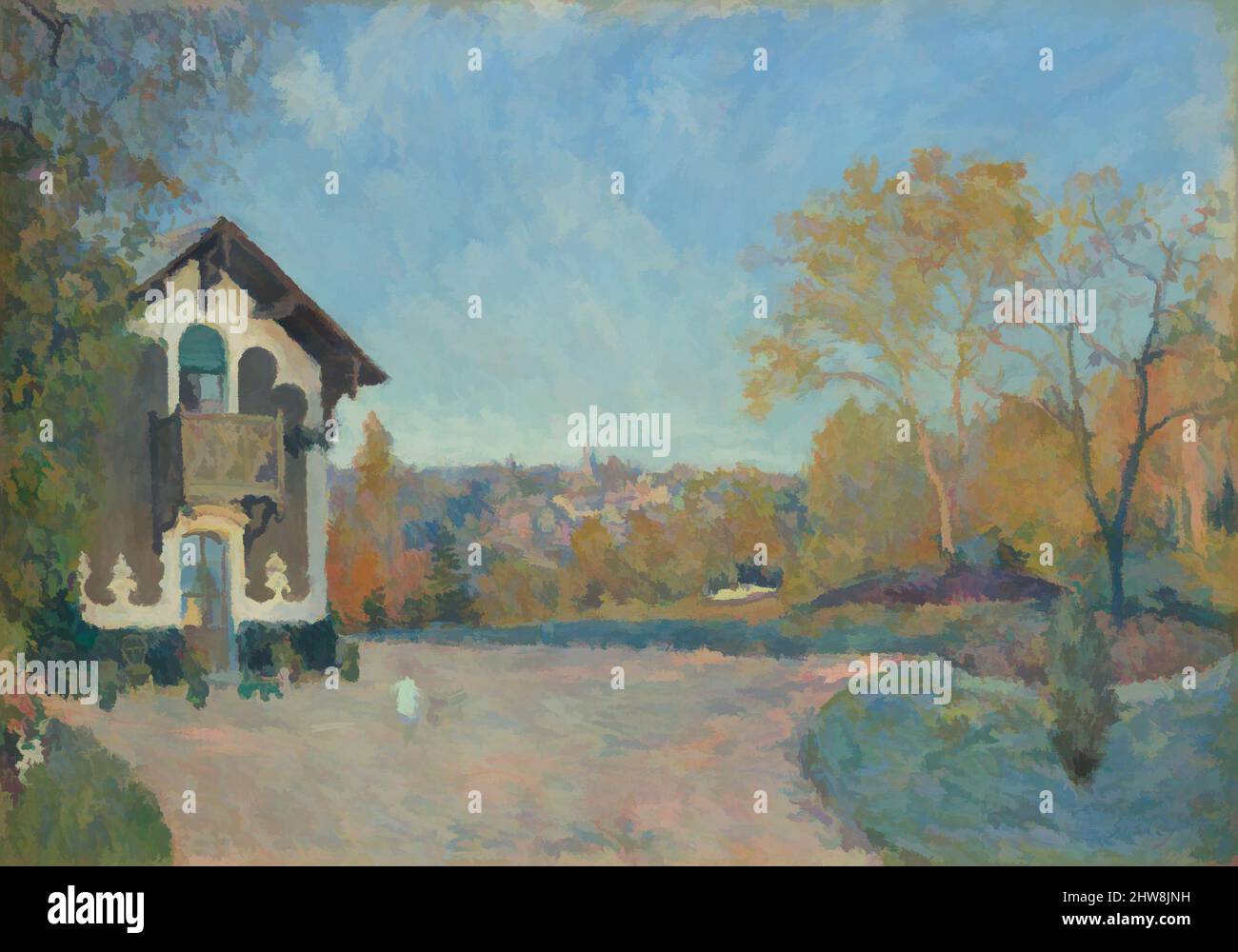 Art Inspired by View of Marly-le-ROI von Coeur-Volant, 1876, Öl auf Leinwand, 25 3/4 x 36 3/8 Zoll (65,4 x 92,4 cm), Gemälde, Alfred Sisley (britisch, Paris 1839–1899 Moret-sur-Loing), um diese Panoramaszene zu malen, ging Sisley von seinem gemieteten Haus in Marly-le-ROI aus den Hügel hinauf, in der Nähe von Classic Works, die von Artotop mit einem Schuss Moderne modernisiert wurden. Formen, Farbe und Wert, auffällige visuelle Wirkung auf Kunst. Emotionen durch Freiheit von Kunstwerken auf zeitgemäße Weise. Eine zeitlose Botschaft, die eine wild kreative neue Richtung verfolgt. Künstler, die sich dem digitalen Medium zuwenden und die Artotop NFT erschaffen Stockfoto