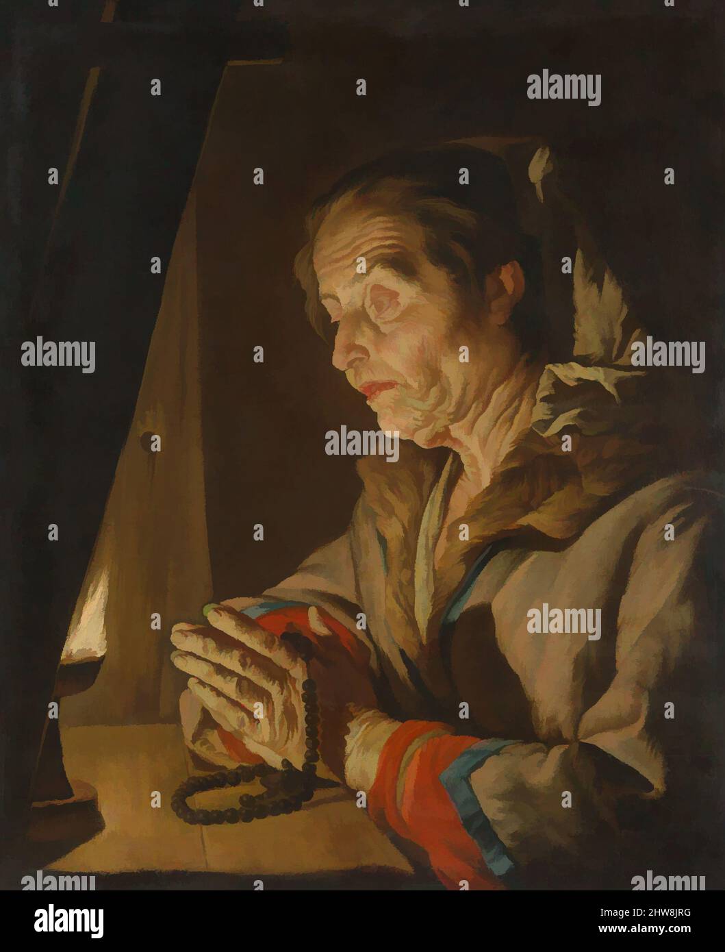 Kunst inspiriert von der alten Frau beten, Ende 1630s oder Anfang 1640s, Öl auf Leinwand, 30 5/8 x 25 1/8 Zoll (77,8 x 63,8 cm), Gemälde, Matthias Stom (Niederländisch, Amersfoort?, geb. 1599–1600, gestorben nach 1652 ?Italien), der früheste bekannte Hinweis auf Stom (in der modernen Literatur fälschlicherweise Stomer genannt, Klassische Werke, die von Artotop mit einem Schuss Moderne modernisiert wurden. Formen, Farbe und Wert, auffällige visuelle Wirkung auf Kunst. Emotionen durch Freiheit von Kunstwerken auf zeitgemäße Weise. Eine zeitlose Botschaft, die eine wild kreative neue Richtung verfolgt. Künstler, die sich dem digitalen Medium zuwenden und die Artotop NFT erschaffen Stockfoto