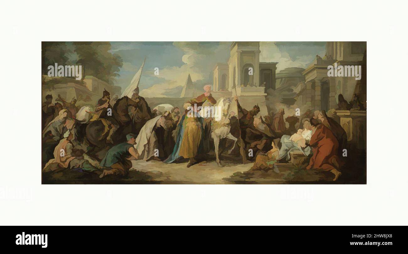 Kunst inspiriert vom Triumph von Mordecai, ca. 1736, Öl auf Leinwand, 33 7/8 x 59 1/8 Zoll (86 x 150,2 cm), Gemälde, Jean François de Troy (Französisch, Paris 1679–1752 Rom), das Gemälde gehört zu einer Serie, die sich hauptsächlich an das alttestamentliche Buch Esthers anlehnt und zeigt ihren Verwandten, klassische, von Artotop modernisierte Werke mit einem Schuss Moderne. Formen, Farbe und Wert, auffällige visuelle Wirkung auf Kunst. Emotionen durch Freiheit von Kunstwerken auf zeitgemäße Weise. Eine zeitlose Botschaft, die eine wild kreative neue Richtung verfolgt. Künstler, die sich dem digitalen Medium zuwenden und die Artotop NFT erschaffen Stockfoto