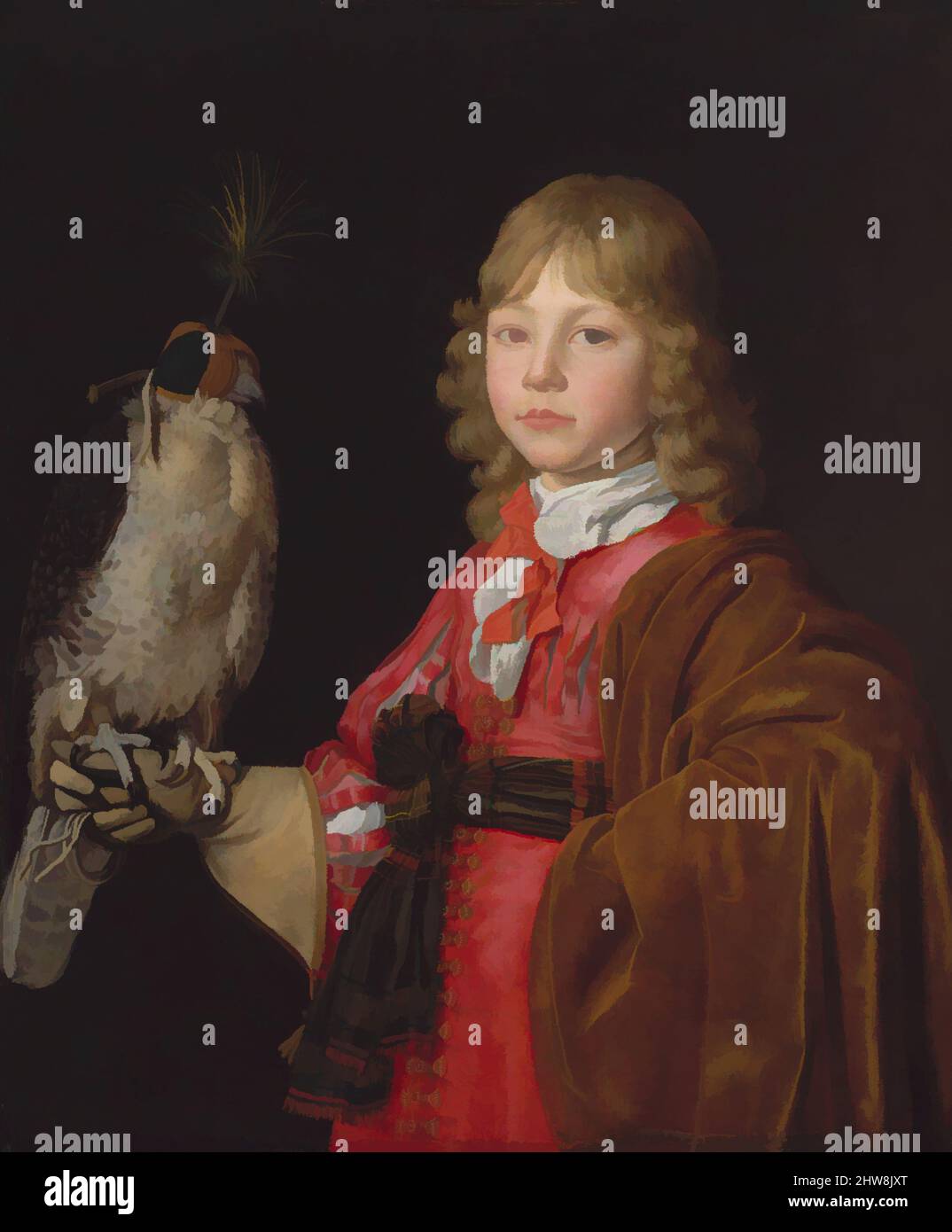 Kunst inspiriert von Portrait of a Boy with a Falcon, Öl auf Leinwand, 29 3/4 x 25 Zoll (75,6 x 63,5 cm), Gemälde, Wallerant Vaillant (Flämisch, Lille 1623–1677 Amsterdam), Gebürtig aus Lille, Vaillant in Antwerpen ausgebildet und bis Mitte 1650s als Porträtist in Amsterdam etabliert, Klassische Werke, die von Artotop mit einem Schuss Moderne modernisiert wurden. Formen, Farbe und Wert, auffällige visuelle Wirkung auf Kunst. Emotionen durch Freiheit von Kunstwerken auf zeitgemäße Weise. Eine zeitlose Botschaft, die eine wild kreative neue Richtung verfolgt. Künstler, die sich dem digitalen Medium zuwenden und die Artotop NFT erschaffen Stockfoto