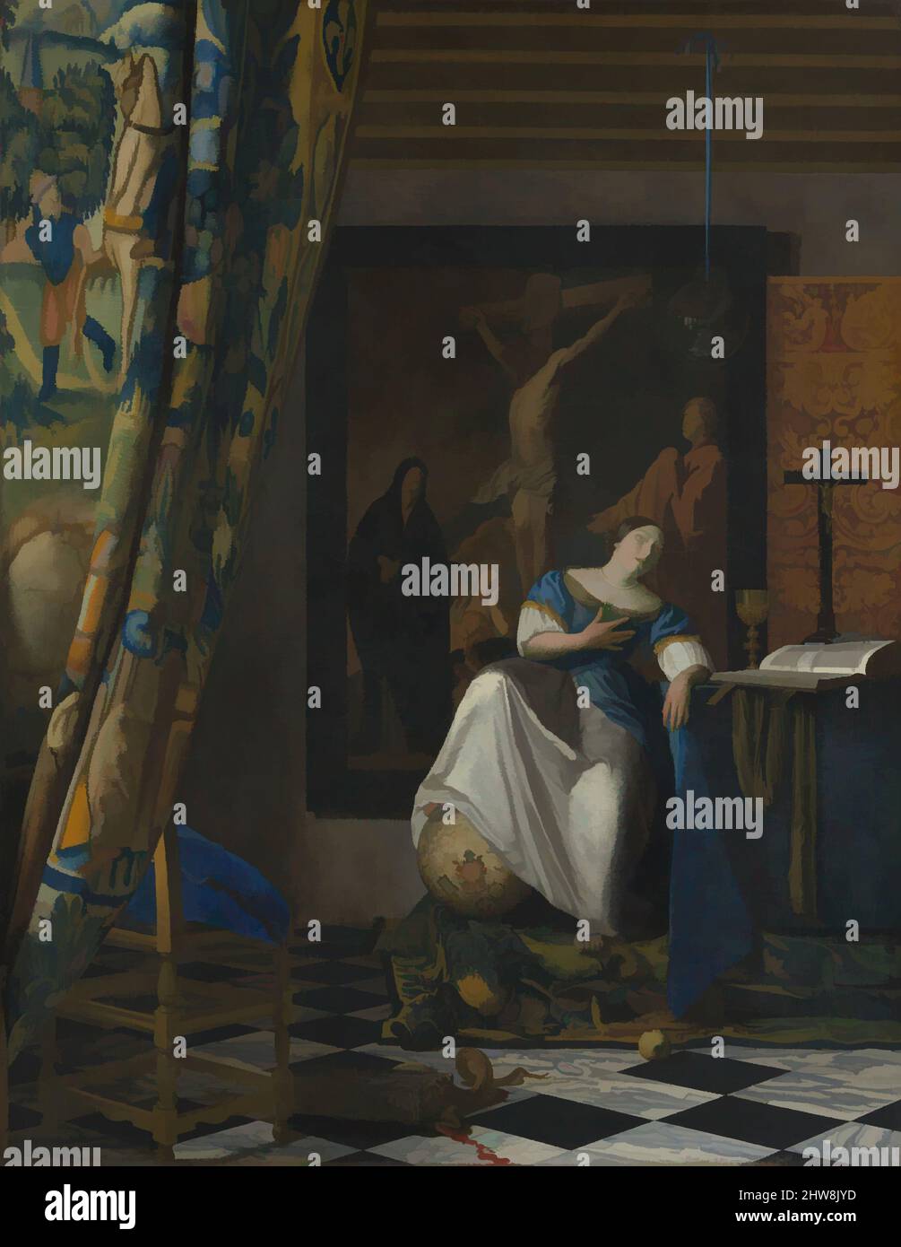 Kunst inspiriert von Allegorie des katholischen Glaubens, ca. 1670–72, Öl auf Leinwand, 45 x 35 Zoll (114,3 x 88,9 cm), Gemälde, Johannes Vermeer (Niederländisch, Delft 1632–1675 Delft), in diesem atypischen Gemälde hat der Künstler einen abstrakeren Stil verwendet, um dem intellektuellen Subjekt gerecht zu werden. Die gefühlvollen, klassischen Werke, die von Artotop mit einem Schuss Moderne modernisiert wurden. Formen, Farbe und Wert, auffällige visuelle Wirkung auf Kunst. Emotionen durch Freiheit von Kunstwerken auf zeitgemäße Weise. Eine zeitlose Botschaft, die eine wild kreative neue Richtung verfolgt. Künstler, die sich dem digitalen Medium zuwenden und die Artotop NFT erschaffen Stockfoto