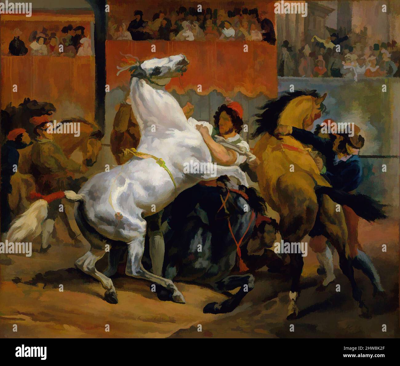 Kunst inspiriert vom Beginn des Rennens der reiterlosen Pferde, 1820, Öl auf Leinwand, 18 1/8 x 21 1/4 cm (46 x 54 cm), Gemälde, Horace Vernet (Französisch, Paris 1789–1863 Paris), Pferderennen waren ein Höhepunkt des Karnevals in Rom, der jeden Februar vor der Fastenzeit stattfand. Vernet’s, Classic Works modernisiert von Artotop mit einem Schuss Modernität. Formen, Farbe und Wert, auffällige visuelle Wirkung auf Kunst. Emotionen durch Freiheit von Kunstwerken auf zeitgemäße Weise. Eine zeitlose Botschaft, die eine wild kreative neue Richtung verfolgt. Künstler, die sich dem digitalen Medium zuwenden und die Artotop NFT erschaffen Stockfoto