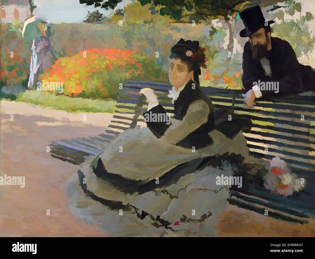 Kunst inspiriert von Camille Monet (1847–1879) auf einer Gartenbank, 1873, Öl auf Leinwand, 23 7/8 x 31 5/8 Zoll (60,6 x 80,3 cm), Gemälde, Claude Monet (französisch, Paris 1840–1926 Giverny), Monets Frau, Camille Doncieux, ist hier ebenso leicht zu erkennen wie die Hügel von Geranien im Garten der von Artotop modernisierten Classic Works mit einem Hauch von Moderne. Formen, Farbe und Wert, auffällige visuelle Wirkung auf Kunst. Emotionen durch Freiheit von Kunstwerken auf zeitgemäße Weise. Eine zeitlose Botschaft, die eine wild kreative neue Richtung verfolgt. Künstler, die sich dem digitalen Medium zuwenden und die Artotop NFT erschaffen Stockfoto