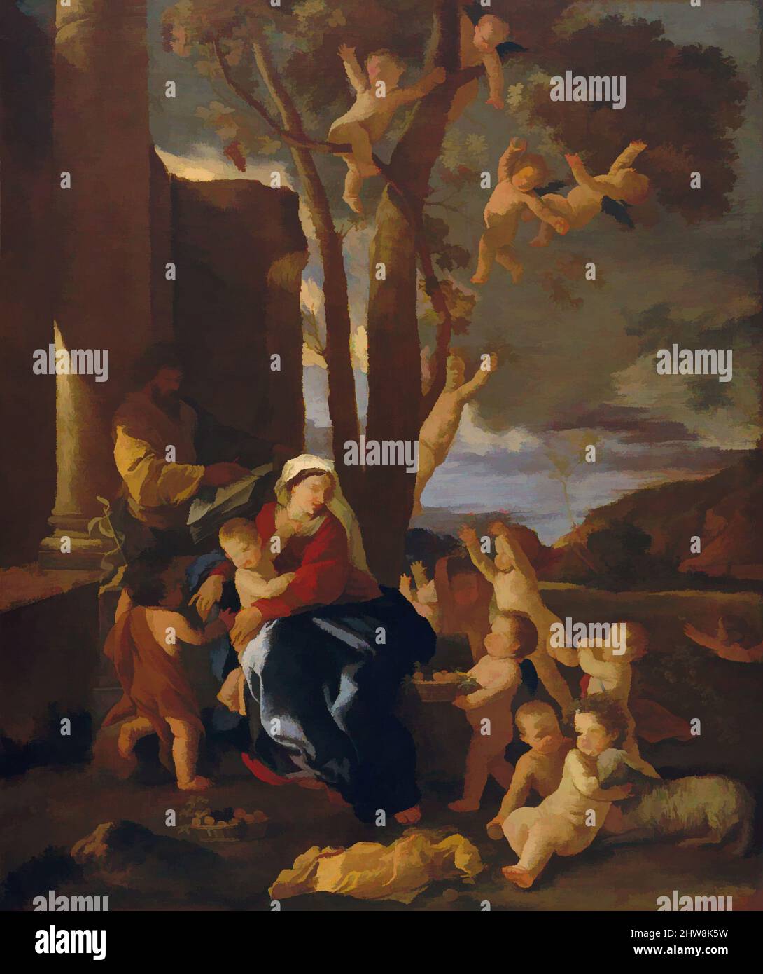 Kunst inspiriert vom Rest auf der Flucht nach Ägypten, ca. 1627, Öl auf Leinwand, 30 x 25 Zoll (76,2 x 63,5 cm), Gemälde, Nicolas Poussin (französisch, Les Andelys 1594–1665 Rom, Klassische Werke, die von Artotop mit einem Schuss Moderne modernisiert wurden. Formen, Farbe und Wert, auffällige visuelle Wirkung auf Kunst. Emotionen durch Freiheit von Kunstwerken auf zeitgemäße Weise. Eine zeitlose Botschaft, die eine wild kreative neue Richtung verfolgt. Künstler, die sich dem digitalen Medium zuwenden und die Artotop NFT erschaffen Stockfoto