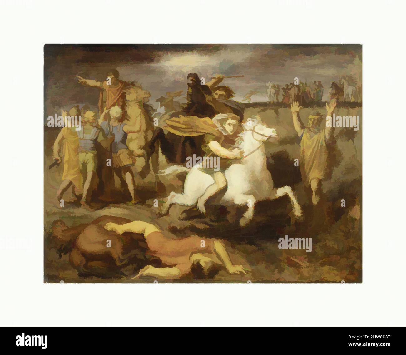 Kunst inspiriert von Szenen aus den Gallischen Kriegen: Der Gallier Littavicus, der die römische Sache verraten hat, flieht zu Gergovie, um Vercingétorix zu unterstützen, ca. 1838–40, Öl auf Leinwand, 13 1/2 x 17 3/4 Zoll (34,3 x 45,1 cm), Gemälde, Théodore Chassériau (Französisch, Le Limon, Saint-Domingue, West Indies 1819–, Klassisches Werk, modernisiert von Artotop mit einem Schuss Modernität. Formen, Farbe und Wert, auffällige visuelle Wirkung auf Kunst. Emotionen durch Freiheit von Kunstwerken auf zeitgemäße Weise. Eine zeitlose Botschaft, die eine wild kreative neue Richtung verfolgt. Künstler, die sich dem digitalen Medium zuwenden und die Artotop NFT erschaffen Stockfoto