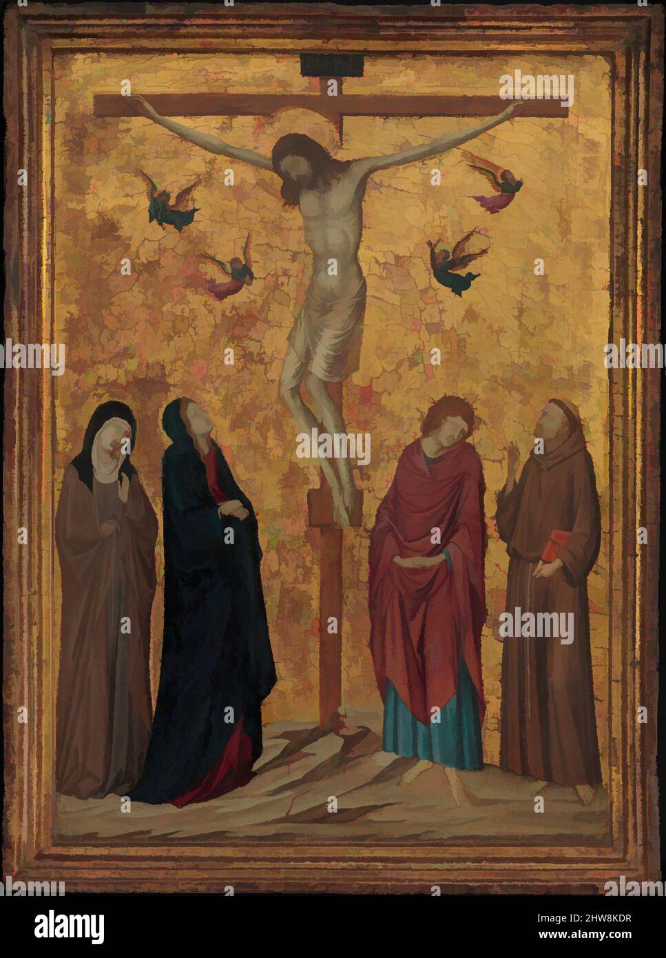 Kunst inspiriert von der Kreuzigung, ca. 1315–20, Tempera auf Holz, goldgeschliffen, insgesamt, mit eingenarbtem Rahmen, 25 1/4 x 18 5/8 Zoll (64,1 x 47,3 cm), lackierte Oberfläche 22 1/4 x 15 3/4 Zoll (56,5 x 40 cm), Gemälde, Ugolino da Siena zugeschrieben (Italienisch, Siena, aktiv von 1317–gestorben 1339/49, Klassische Werke, die von Artotop mit einem Schuss Moderne modernisiert wurden. Formen, Farbe und Wert, auffällige visuelle Wirkung auf Kunst. Emotionen durch Freiheit von Kunstwerken auf zeitgemäße Weise. Eine zeitlose Botschaft, die eine wild kreative neue Richtung verfolgt. Künstler, die sich dem digitalen Medium zuwenden und die Artotop NFT erschaffen Stockfoto