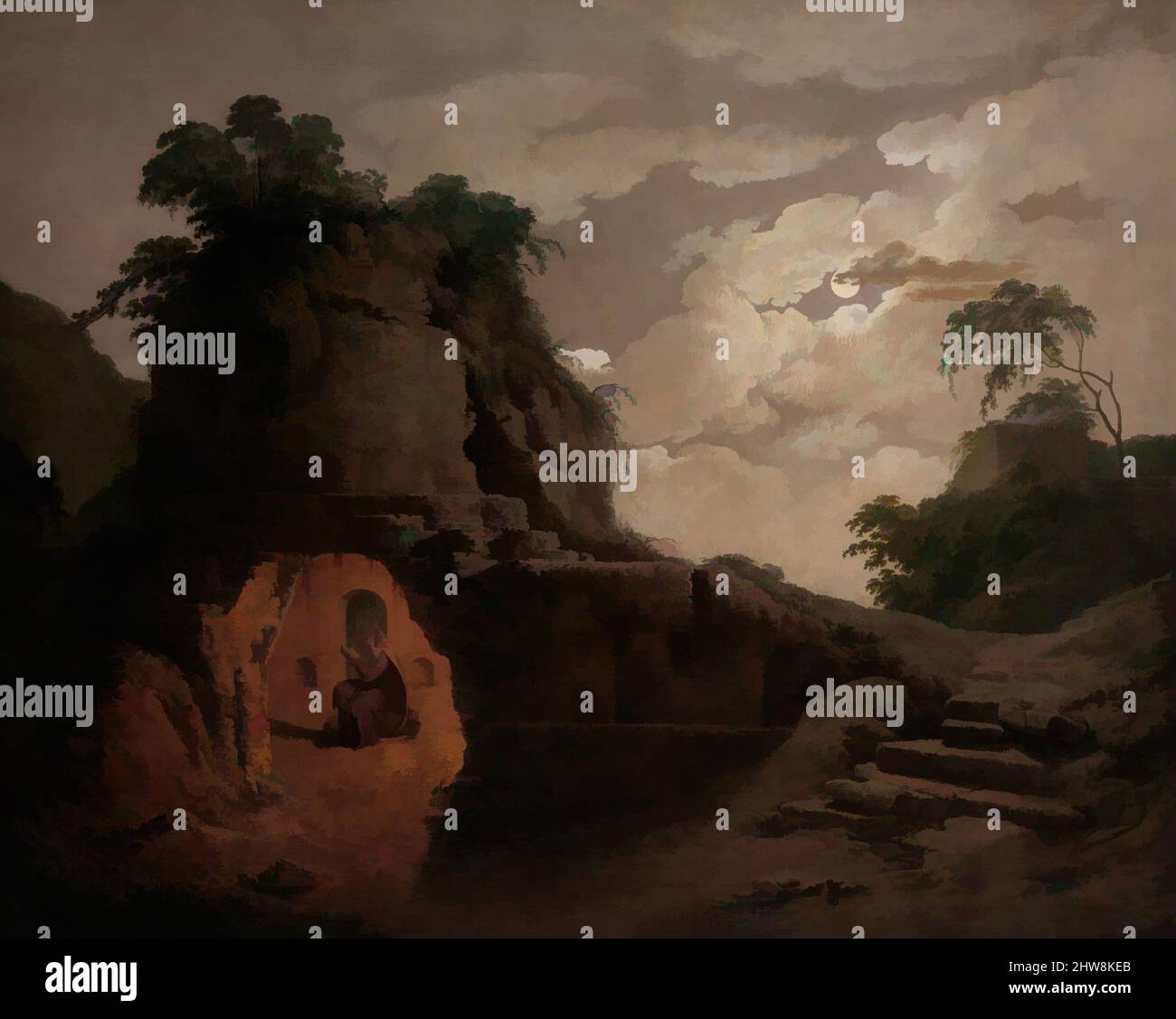 Kunst inspiriert von Vergils Grab von Moonlight, mit Silius Italicus Deklaiming, 1779, Öl auf Leinwand, 40 x 50 Zoll (101,6 x 127 cm), Gemälde, Joseph Wright (Wright of Derby) (britisch, Derby 1734–1797 Derby), Wright stellt einen Ort dar, der schon lange ein beliebtes Ziel für Besucher war, klassische Werke, die von Artotop mit einem Schuss Moderne modernisiert wurden. Formen, Farbe und Wert, auffällige visuelle Wirkung auf Kunst. Emotionen durch Freiheit von Kunstwerken auf zeitgemäße Weise. Eine zeitlose Botschaft, die eine wild kreative neue Richtung verfolgt. Künstler, die sich dem digitalen Medium zuwenden und die Artotop NFT erschaffen Stockfoto