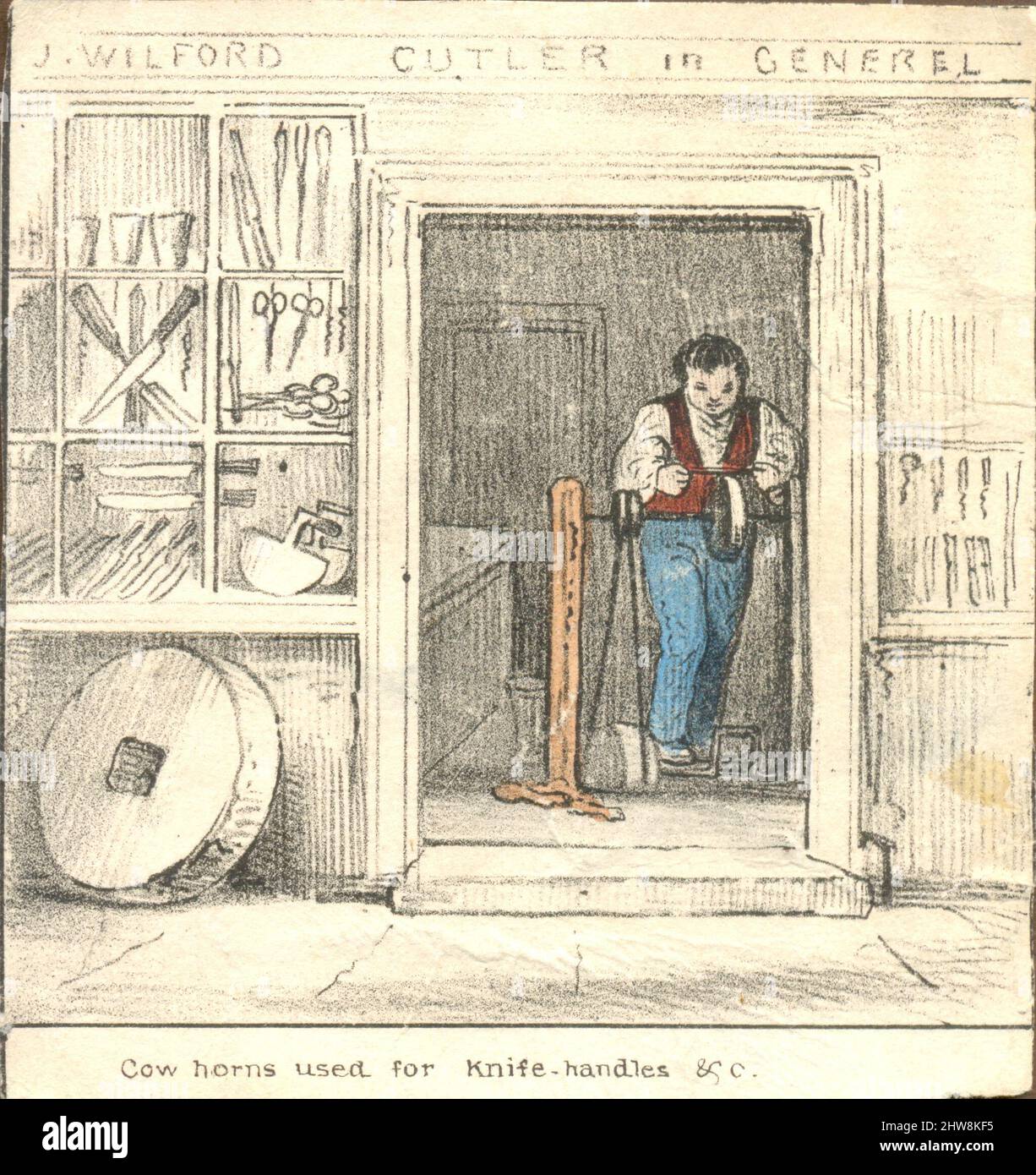 Handkoloriertes lithographiertes Bild, das einen Cutler zeigt, der ein Kuhhorn für Messergriffe um 1845 mahlte Stockfoto