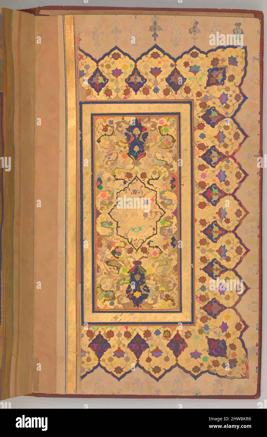 Kunst inspiriert von beleuchteter Doppelseite eines Yusuf und Zulaikha von Jami, ca. 1580, dem Iran zugeschrieben, Shiraz, Tinte, opakes Aquarell, Und Gold auf Papier, 10 x 5 3/4in. (25,4 x 14,6cm), Codices, Classic Works modernisiert von Artotop mit einem Schuss Moderne. Formen, Farbe und Wert, auffällige visuelle Wirkung auf Kunst. Emotionen durch Freiheit von Kunstwerken auf zeitgemäße Weise. Eine zeitlose Botschaft, die eine wild kreative neue Richtung verfolgt. Künstler, die sich dem digitalen Medium zuwenden und die Artotop NFT erschaffen Stockfoto