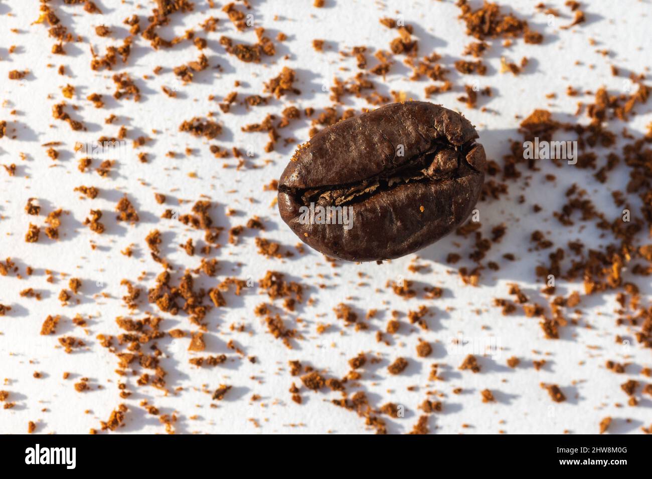 Braun geröstete Kaffeebohne auf einem Hintergrund gemahlenen Kaffees auf weißem Hintergrund, Nahaufnahme. Kaffee Liebe Konzept Stockfoto