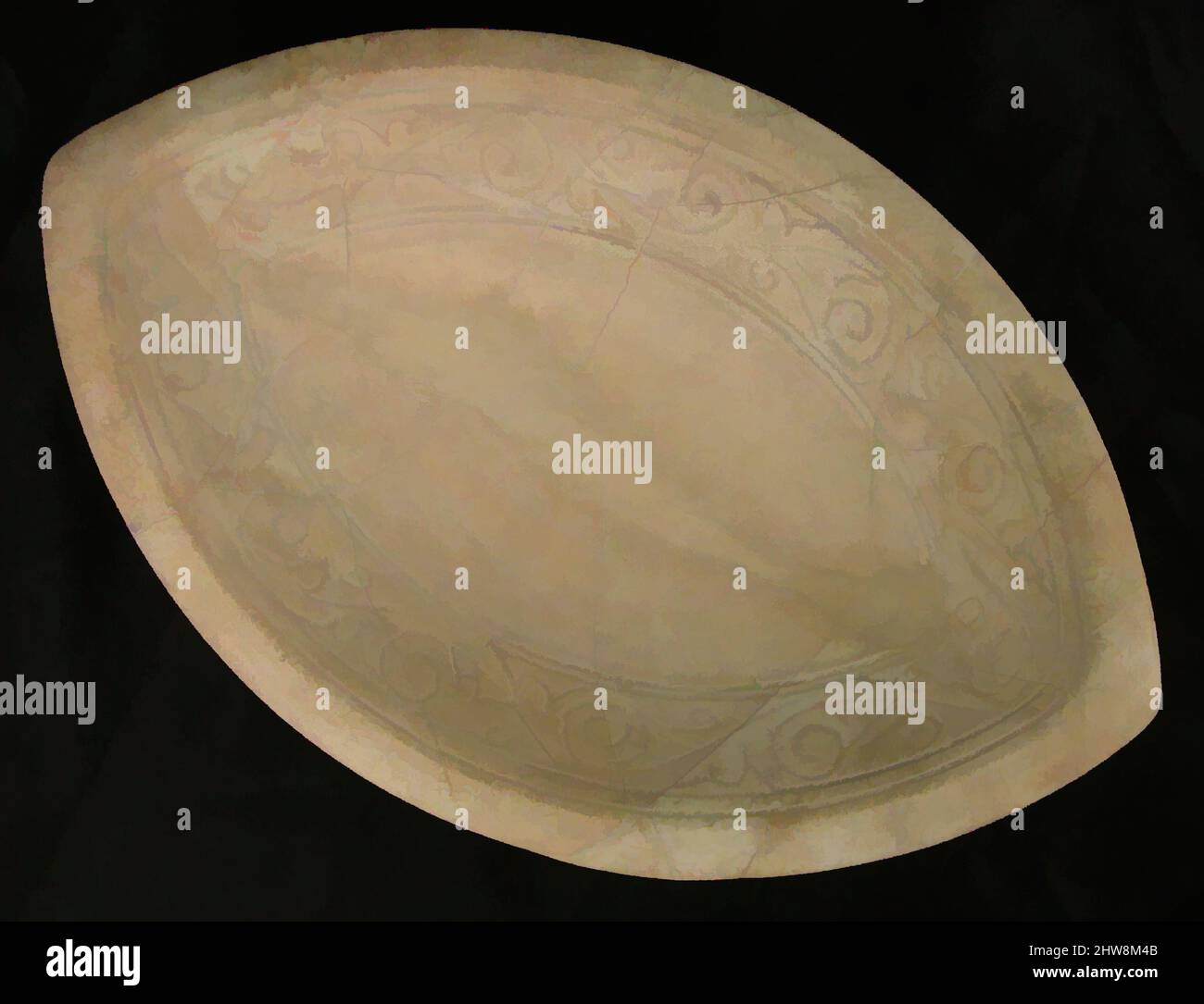 Kunst, inspiriert von bootsförmiger Schüssel, Ende 11.–12. Jahrhundert, mit Ergänzungen erste Hälfte 20. Jahrhundert, hergestellt im Iran, Steinpaste; transparente farblose Glasur, 11 3/4 x 7 3/4 Zoll (29,8 x 19,7 cm), Keramik, Ein kreativer Restaurateur konzipiert die Form dieser, wie die Naht nach unten seine zeigt, Classic Works modernisiert von Artotop mit einem Schuss Moderne. Formen, Farbe und Wert, auffällige visuelle Wirkung auf Kunst. Emotionen durch Freiheit von Kunstwerken auf zeitgemäße Weise. Eine zeitlose Botschaft, die eine wild kreative neue Richtung verfolgt. Künstler, die sich dem digitalen Medium zuwenden und die Artotop NFT erschaffen Stockfoto