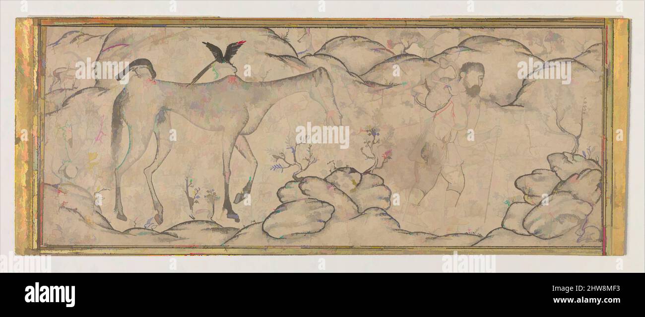 Kunst inspiriert von einem abgemagerten Pferd, geführt von seinem Meister, Ende des 16.. Jahrhunderts, dem Iran zugeschrieben, Tinte und Aquarell auf Papier, H. 2 1/8 Zoll (5,4 cm), Codices, Ein Mann mit einer Wasserhaut oder möglicherweise einem Sattel über die Schulter geschleudert führt ein ausgezehrtes Pferd durch eine felsige, halbtrockene Landschaft, Classic Works modernisiert von Artotop mit einem Schuss Moderne. Formen, Farbe und Wert, auffällige visuelle Wirkung auf Kunst. Emotionen durch Freiheit von Kunstwerken auf zeitgemäße Weise. Eine zeitlose Botschaft, die eine wild kreative neue Richtung verfolgt. Künstler, die sich dem digitalen Medium zuwenden und die Artotop NFT erschaffen Stockfoto