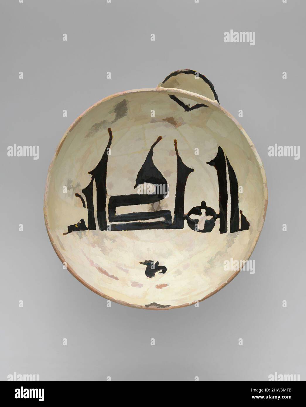 Kunst inspiriert von Spouted Bowl, beschriftet „Souveränität ist Gottes“, Ende des 10.. Jahrhunderts, im Iran ausgegraben, Nishapur, Steingut; Weißer Slip mit schwarzer Slip-Verzierung unter transparenter Glasur, H. 2 15/16 Zoll (7,4 cm), Keramik, Obwohl mit einer erhabenen Stimmung eingeschrieben, serviert diese Schüssel eine, Classic Works modernisiert von Artotop mit einem Schuss Moderne. Formen, Farbe und Wert, auffällige visuelle Wirkung auf Kunst. Emotionen durch Freiheit von Kunstwerken auf zeitgemäße Weise. Eine zeitlose Botschaft, die eine wild kreative neue Richtung verfolgt. Künstler, die sich dem digitalen Medium zuwenden und die Artotop NFT erschaffen Stockfoto