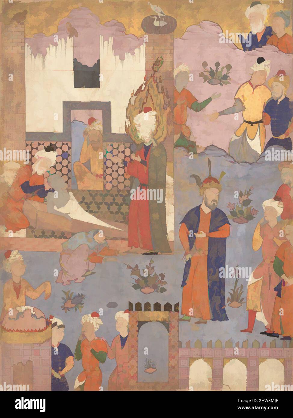 Von Muhammad inspirierte Kunst belebt den kranken Jungen', Folio aus einem Falnama (Buch der Omen) von Ja'far al-Sadiq, 1550s, dem Iran zugeschrieben, Qazvin, Tinte, Undurchsichtiges Aquarell und Gold auf Papier, Gemälde: H. 23 1/16 in. (58,6 cm), Codices, Diese Illustration gehörte zu einem Falnama, oder Buch der, Klassischen Werke modernisiert von Artotop mit einem Schuss Moderne. Formen, Farbe und Wert, auffällige visuelle Wirkung auf Kunst. Emotionen durch Freiheit von Kunstwerken auf zeitgemäße Weise. Eine zeitlose Botschaft, die eine wild kreative neue Richtung verfolgt. Künstler, die sich dem digitalen Medium zuwenden und die Artotop NFT erschaffen Stockfoto