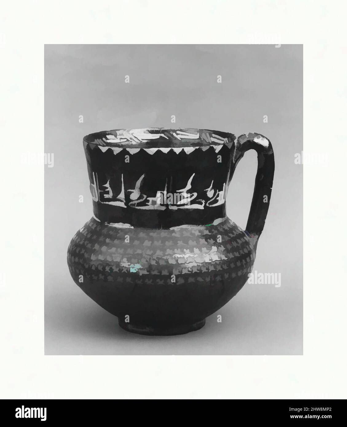 Von Ewer inspirierte Kunst mit wiederholtem arabischem Ausdruck „Segen“, 10.. Jahrhundert, dem Iran zugeschrieben, Nishapur, Steingut; schwarzer Slip mit weißer Slip-Dekoration unter transparenter Glasur, H. 5 1/2 Zoll (13 cm), Keramik, Klassisches von Artotop modernisiertes Werk mit einem Schuss Moderne. Formen, Farbe und Wert, auffällige visuelle Wirkung auf Kunst. Emotionen durch Freiheit von Kunstwerken auf zeitgemäße Weise. Eine zeitlose Botschaft, die eine wild kreative neue Richtung verfolgt. Künstler, die sich dem digitalen Medium zuwenden und die Artotop NFT erschaffen Stockfoto