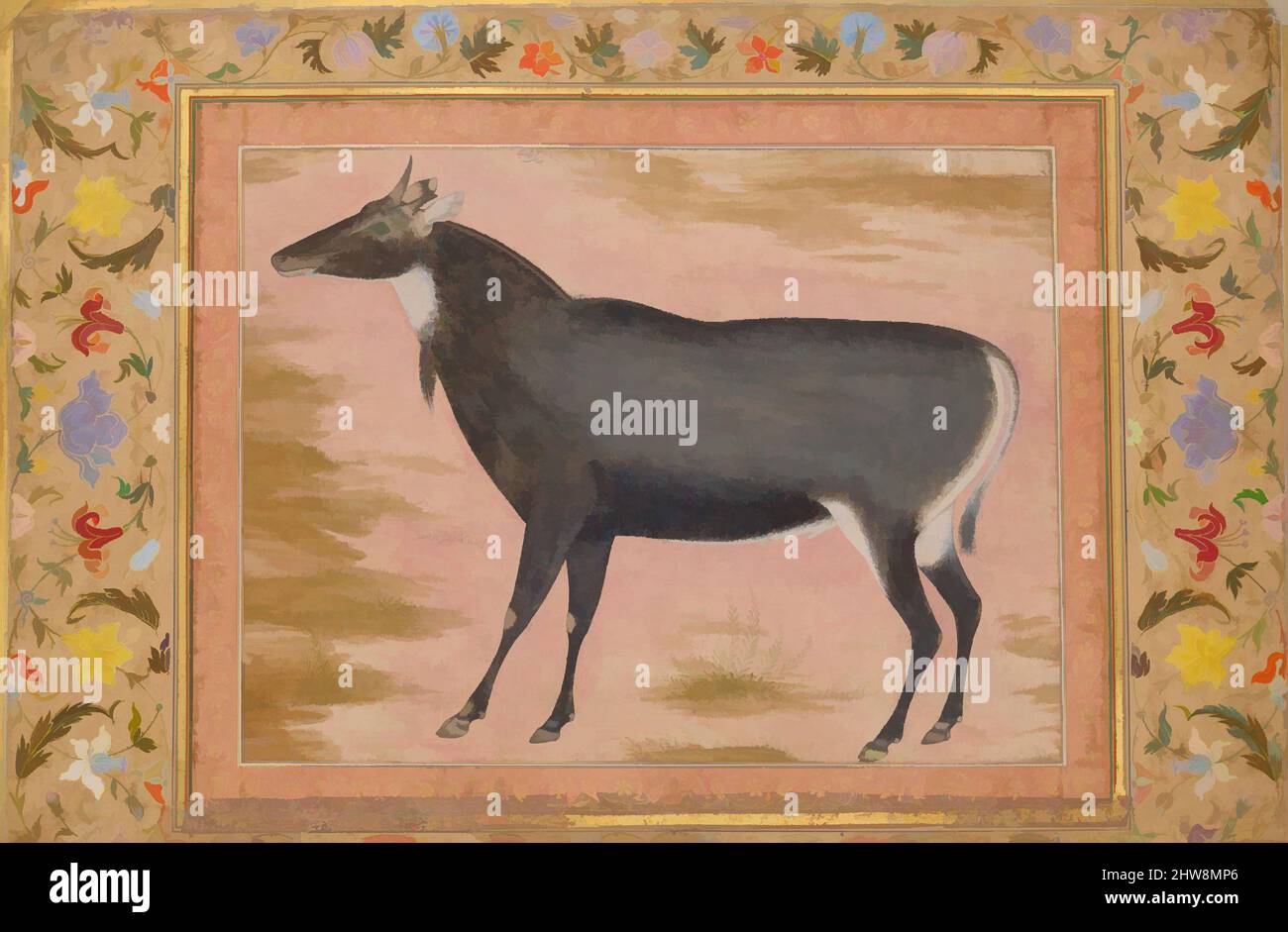 Art Inspired by Study of a Nilgai (Blue Bull)', Folio aus dem Shah Jahan Album, verso: Ca. 1620; recto ca. 1540, Indien zugeschrieben, Tinte, opakes Aquarell und Gold auf Papier, H. 15 5/16 Zoll (38,9 cm), Codices, Gemälde von Mansur (aktiv ca. 1589–1626), die Nilgai, obwohl bekannt als ein, Classic Works modernisiert von Artotop mit einem Schuss Moderne. Formen, Farbe und Wert, auffällige visuelle Wirkung auf Kunst. Emotionen durch Freiheit von Kunstwerken auf zeitgemäße Weise. Eine zeitlose Botschaft, die eine wild kreative neue Richtung verfolgt. Künstler, die sich dem digitalen Medium zuwenden und die Artotop NFT erschaffen Stockfoto Art Inspired by Study of a Nilgai (Blue Bull)', Folio aus dem Shah Jahan Album, verso: Ca. 1620; recto ca. 1540, Indien zugeschrieben, Tinte, opakes Aquarell und Gold auf Papier, H. 15 5/16 Zoll (38,9 cm), Codices, Gemälde von Mansur (aktiv ca. 1589–1626), die Nilgai, obwohl bekannt als ein, Classic Works modernisiert von Artotop mit einem Schuss Moderne. Formen, Farbe und Wert, auffällige visuelle Wirkung auf Kunst. Emotionen durch Freiheit von Kunstwerken auf zeitgemäße Weise. Eine zeitlose Botschaft, die eine wild kreative neue Richtung verfolgt. Künstler, die sich dem digitalen Medium zuwenden und die Artotop NFT erschaffen Stockfoto
