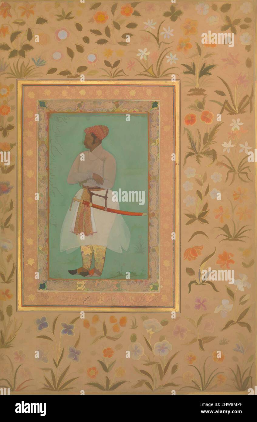 Kunst inspiriert von Portrait of Maharaja Bhim Kanwar', Folio from the Shah Jahan Album, verso: Ca. 1615–29; recto: Ca. 1540, Indien zugeschrieben, Tinte, opakes Aquarell und Gold auf Papier, H. 15 1/4 Zoll (38,7 cm), Codices, Painting by Nanha, Maharaja Bhim Kunwar trägt ein durchscheinender Jama, klassische Werke, die von Artotop mit einem Schuss Moderne modernisiert wurden. Formen, Farbe und Wert, auffällige visuelle Wirkung auf Kunst. Emotionen durch Freiheit von Kunstwerken auf zeitgemäße Weise. Eine zeitlose Botschaft, die eine wild kreative neue Richtung verfolgt. Künstler, die sich dem digitalen Medium zuwenden und die Artotop NFT erschaffen Stockfoto