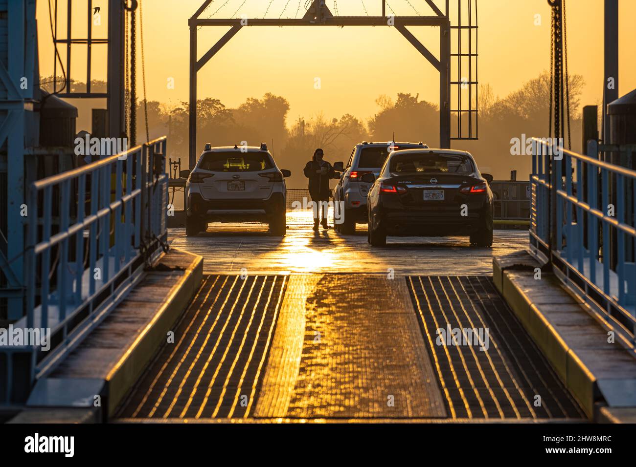 Fährbegleiter sammelt Gebühren an der St. Johns River Ferry für den Transport zur Mayport Landing kurz nach Sonnenaufgang in Jacksonville, Florida. (USA) Stockfoto