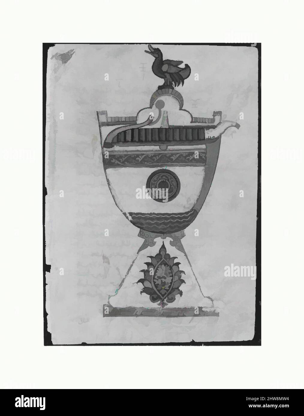 Art Inspired by Design for a Cup to Serve Wine at Drinking Parties', Folio aus einem Buch über das Wissen über geniale mechanische Geräte von al-Jazari, datiert A.H. 715/A.D. 1315, wahrscheinlich Syrien zugeschrieben, Tinte, opakes Aquarell und Gold auf Papier, H. 12 3/8 Zoll (31,5 cm), Codices, Classic Works modernisiert von Artotop mit einem Schuss Moderne. Formen, Farbe und Wert, auffällige visuelle Wirkung auf Kunst. Emotionen durch Freiheit von Kunstwerken auf zeitgemäße Weise. Eine zeitlose Botschaft, die eine wild kreative neue Richtung verfolgt. Künstler, die sich dem digitalen Medium zuwenden und die Artotop NFT erschaffen Stockfoto