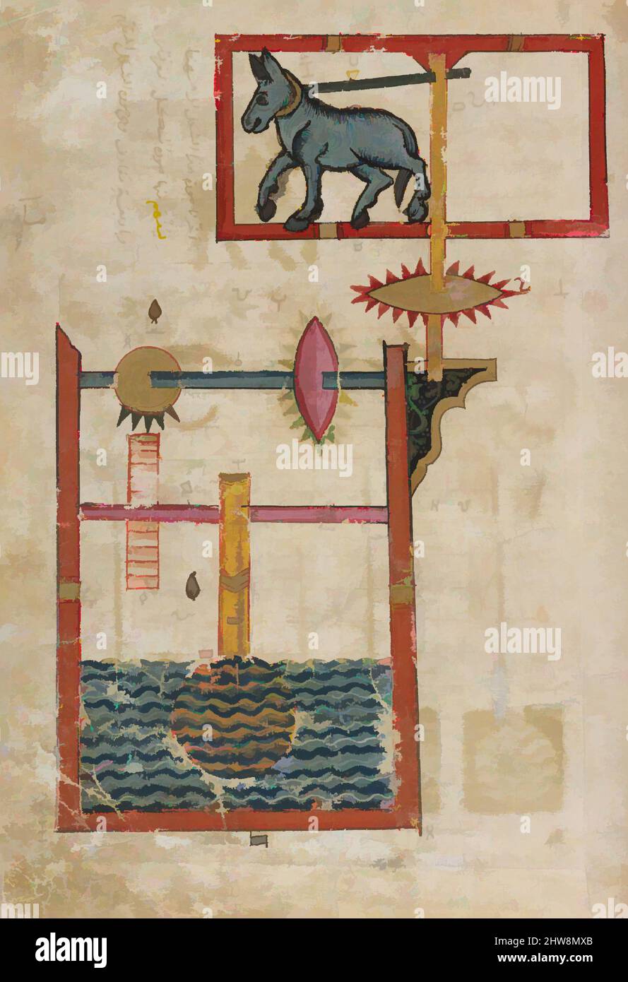 Kunst inspiriert von Design auf jeder Seite für Waterwheel von Donkey Power', Folio aus einem Buch über das Wissen über geniale mechanische Geräte von al-Jazari, datiert A.H. 715 / AD 1315, zugeschrieben wahrscheinlich Syrien, Tinte, opakes Aquarell und Gold auf Papier, H. 11 5/8 in. (29. 5 cm, Classic Works modernisiert von Artotop mit einem Schuss Moderne. Formen, Farbe und Wert, auffällige visuelle Wirkung auf Kunst. Emotionen durch Freiheit von Kunstwerken auf zeitgemäße Weise. Eine zeitlose Botschaft, die eine wild kreative neue Richtung verfolgt. Künstler, die sich dem digitalen Medium zuwenden und die Artotop NFT erschaffen Stockfoto