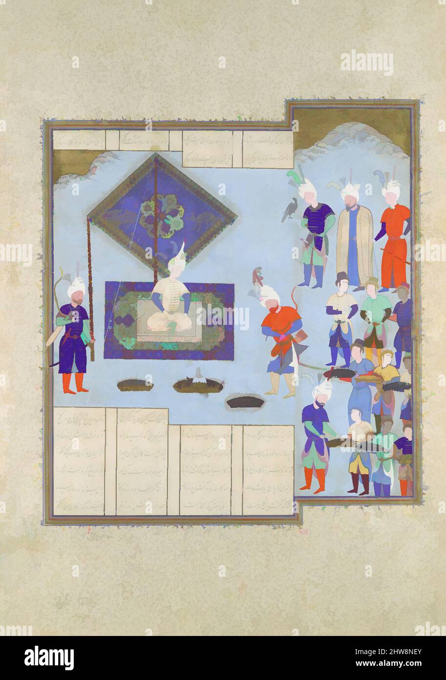 Kunst inspiriert von Kai Khusraus Kriegspreisen sind verlobt', Folio 225v aus dem Shahnama (Buch der Könige) von Shah Tahmasp, ca. 1530, hergestellt im Iran, Tabriz, opakes Aquarell, Tinte, Silber und Gold auf Papier, Gemälde: H. 9 5/16 in. (23,7 cm), Codices, Painting zugeschrieben AQA Mirak (aktive, klassische Werke, die von Artotop mit einem Schuss Moderne modernisiert wurden. Formen, Farbe und Wert, auffällige visuelle Wirkung auf Kunst. Emotionen durch Freiheit von Kunstwerken auf zeitgemäße Weise. Eine zeitlose Botschaft, die eine wild kreative neue Richtung verfolgt. Künstler, die sich dem digitalen Medium zuwenden und die Artotop NFT erschaffen Stockfoto