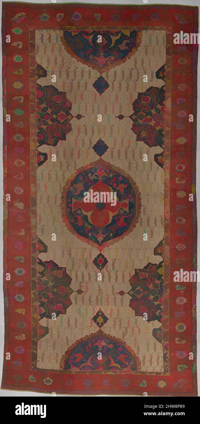 Kunst inspiriert von Ushak Medallion Teppich auf weißem Grund, erste Hälfte des 17.. Jahrhunderts, der Türkei zugeschrieben, Wolle (Kette, Schuß und Haufen); symmetrisch geknüpfter Haufen, Teppich: L. 306 Zoll (777,2 cm), Textilien-Teppiche, Medallion Ushak Teppiche haben in der Regel ein rotes oder blaues Feld mit einem floralen verziert, Classic Works modernisiert von Artotop mit einem Schuss Moderne. Formen, Farbe und Wert, auffällige visuelle Wirkung auf Kunst. Emotionen durch Freiheit von Kunstwerken auf zeitgemäße Weise. Eine zeitlose Botschaft, die eine wild kreative neue Richtung verfolgt. Künstler, die sich dem digitalen Medium zuwenden und die Artotop NFT erschaffen Stockfoto
