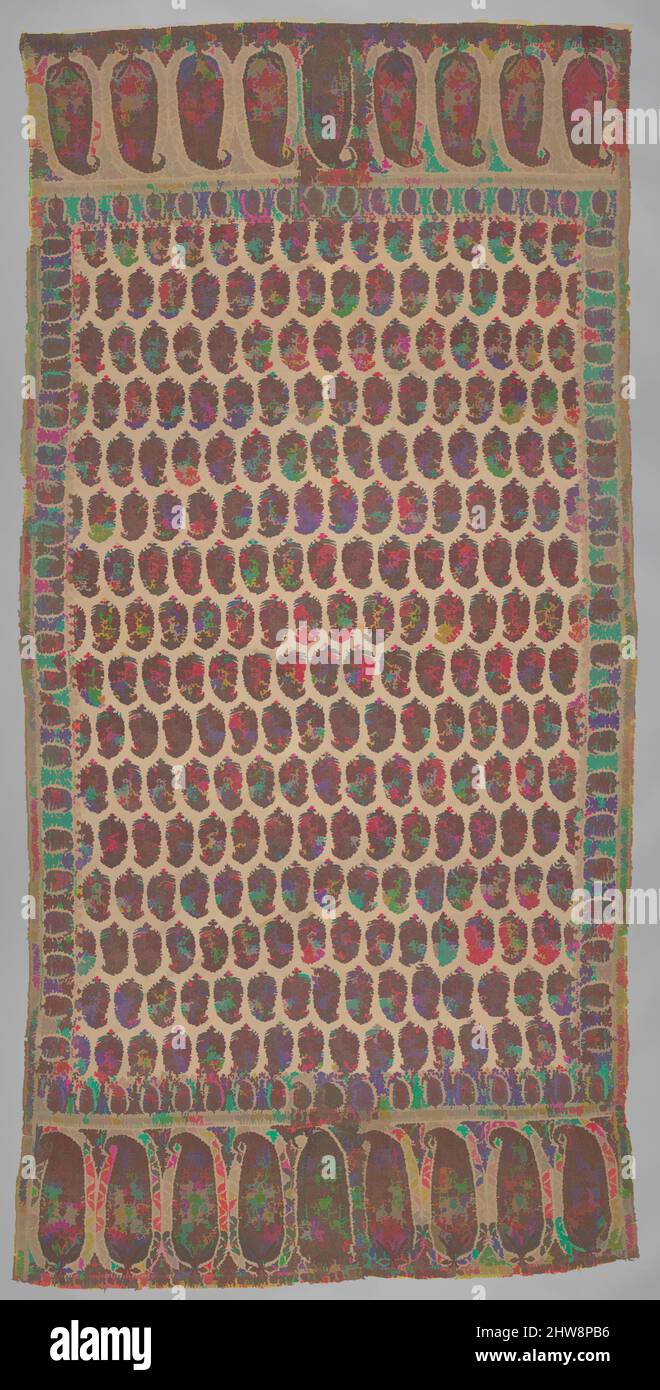 Kunst, inspiriert von Shawl of joined Fragments, zweites Viertel 19. Jahrhundert und später, zugeschrieben Indien, Kaschmir, Wolle; doppelt ineinander verschränkte Köper-Tapisserie, gestückelt, Textil: L. 112 1/2 in. (285,7 cm), Textilien-Kostüme, von Artotop modernisierte klassische Werke mit einem Schuss Moderne. Formen, Farbe und Wert, auffällige visuelle Wirkung auf Kunst. Emotionen durch Freiheit von Kunstwerken auf zeitgemäße Weise. Eine zeitlose Botschaft, die eine wild kreative neue Richtung verfolgt. Künstler, die sich dem digitalen Medium zuwenden und die Artotop NFT erschaffen Stockfoto