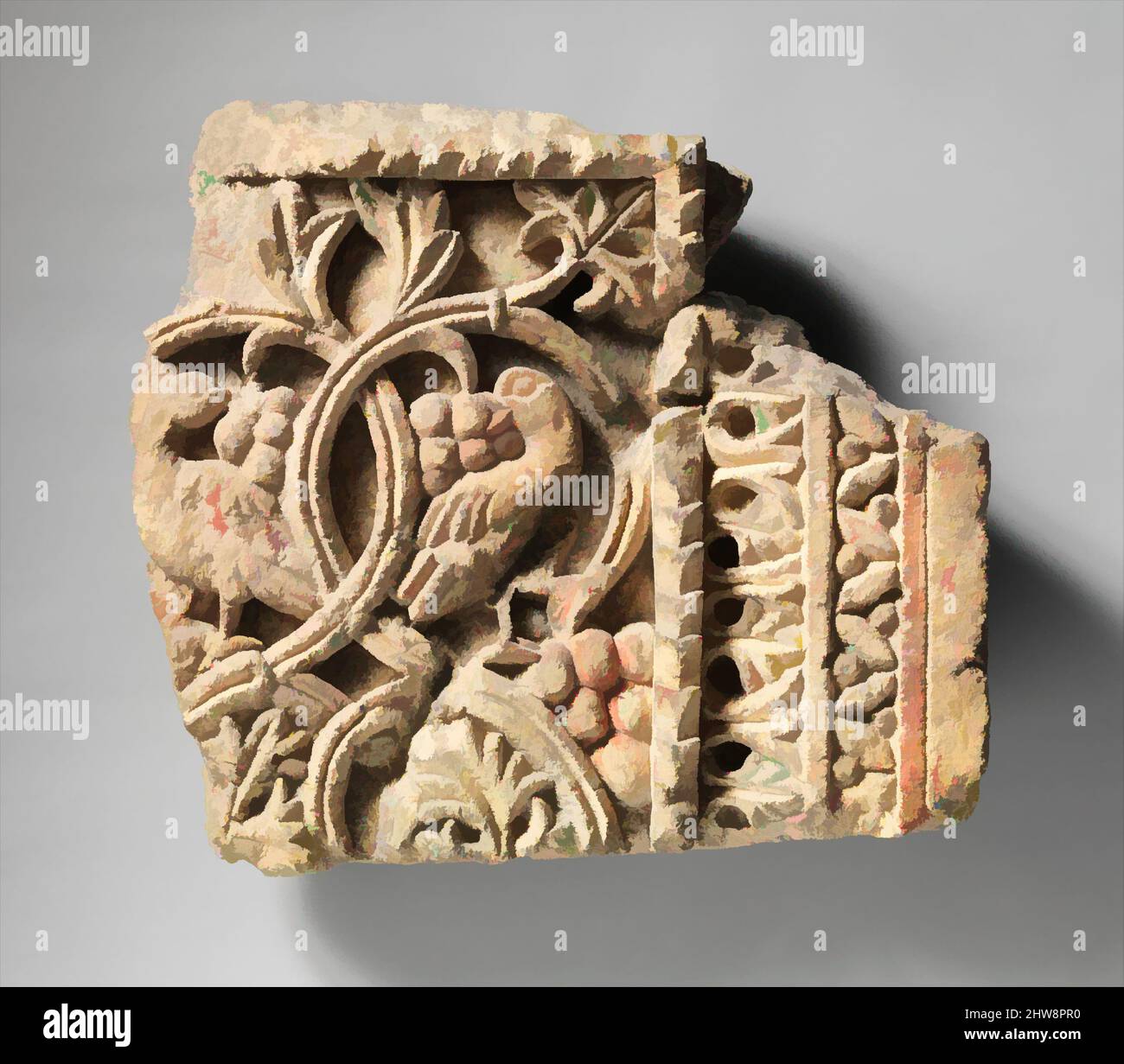 Kunst inspiriert von Fragment aus einem zweiseitigen Sanctuary Screen, 5.–6. Jahrhundert, hergestellt in Ägypten, Bawit, Kalkstein, H. 12 1/4 Zoll (31,1 cm), Skulptur, Dieses Fragment war wahrscheinlich Teil der Taille-hohen Leinwand, die die Gemeinde (im Kirchenschiff) vom Klerus (in der, Classic Works modernisiert von Artotop mit einem Schuss Moderne. Formen, Farbe und Wert, auffällige visuelle Wirkung auf Kunst. Emotionen durch Freiheit von Kunstwerken auf zeitgemäße Weise. Eine zeitlose Botschaft, die eine wild kreative neue Richtung verfolgt. Künstler, die sich dem digitalen Medium zuwenden und die Artotop NFT erschaffen Stockfoto