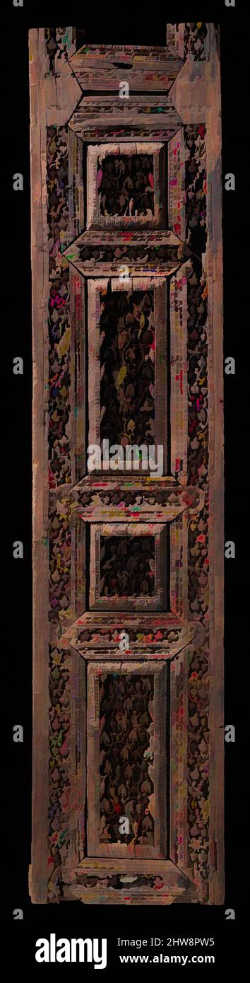 Kunst inspiriert von Panel from a Door oder Minbar, Ende 8.–erste Hälfte 9. Jahrhundert, Made in Iraq, Holz (Kiefer); geschnitzt, H. 70 3/4 in. (179,7 cm), Holz, wahrscheinlich aus einer Tür oder einer Minbar (Moschee-Kanzel), besteht diese geschnitzte Teakholzplatte aus zwei seitlichen Brettern und aus abwechselnd sechseckigen, klassischen Werken, die von Artotop mit einem Schuss Moderne modernisiert wurden. Formen, Farbe und Wert, auffällige visuelle Wirkung auf Kunst. Emotionen durch Freiheit von Kunstwerken auf zeitgemäße Weise. Eine zeitlose Botschaft, die eine wild kreative neue Richtung verfolgt. Künstler, die sich dem digitalen Medium zuwenden und die Artotop NFT erschaffen Stockfoto