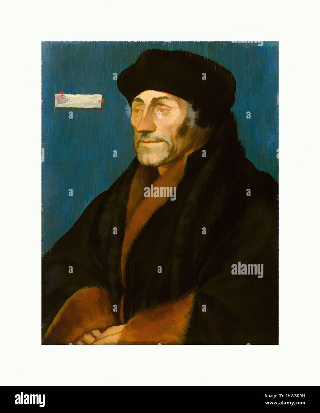 Kunst inspiriert von Erasmus von Rotterdam, ca. 1532, Öl auf Lindenplatte, 7 1/4 x 5 9/16 Zoll (18,4 x 14,2 cm); lackierte Oberfläche 6 15/16 x 5 1/2 Zoll (17,6 x 14 cm), Gemälde, Hans Holbein der Jüngere (Deutsch, Augsburg 1497/98–1543 London) (und Workshop(?)), Hans Holbein der Jüngere war eins, Klassische Werke, die von Artotop mit einem Schuss Moderne modernisiert wurden. Formen, Farbe und Wert, auffällige visuelle Wirkung auf Kunst. Emotionen durch Freiheit von Kunstwerken auf zeitgemäße Weise. Eine zeitlose Botschaft, die eine wild kreative neue Richtung verfolgt. Künstler, die sich dem digitalen Medium zuwenden und die Artotop NFT erschaffen Stockfoto