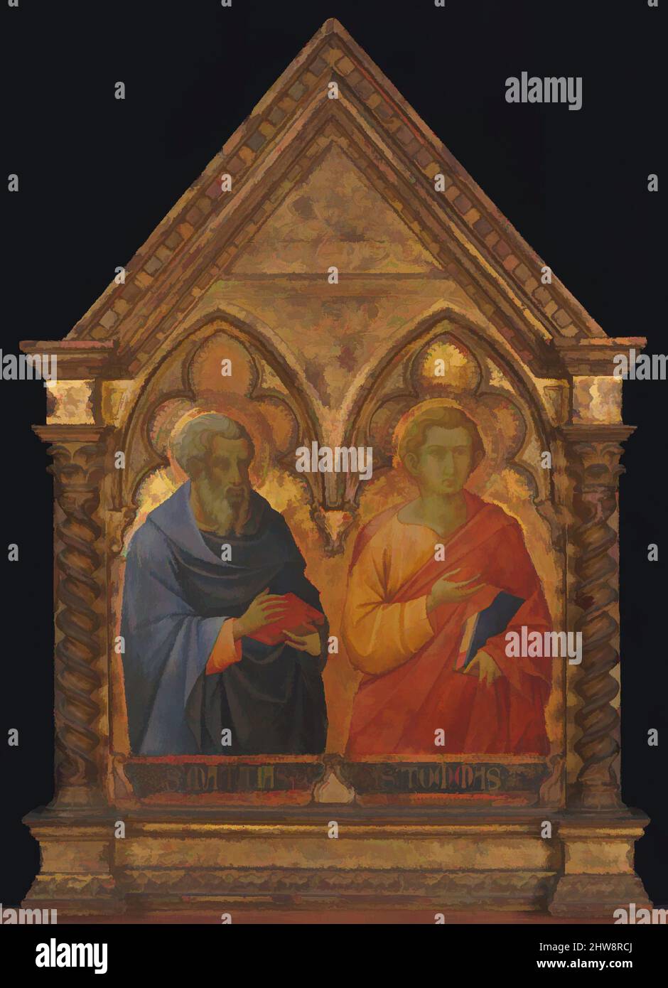Kunst inspiriert von den Heiligen Matthias und Thomas, ca. 1350, Tempera auf Holz, goldgeschliffen, insgesamt, exklusive moderner Rahmenzugänge, 20 7/8 x 18 1/8 Zoll (53 x 46 cm); lackierte Oberfläche 17 1/2 x 16 3/4 Zoll (44,5 x 42,5 cm), Gemälde, Bartolomeo Bulgarini (Italienisch, Siena, aktiv 1337–78, Klassische Werke, die von Artotop mit einem Hauch von Moderne modernisiert wurden. Formen, Farbe und Wert, auffällige visuelle Wirkung auf Kunst. Emotionen durch Freiheit von Kunstwerken auf zeitgemäße Weise. Eine zeitlose Botschaft, die eine wild kreative neue Richtung verfolgt. Künstler, die sich dem digitalen Medium zuwenden und die Artotop NFT erschaffen Stockfoto
