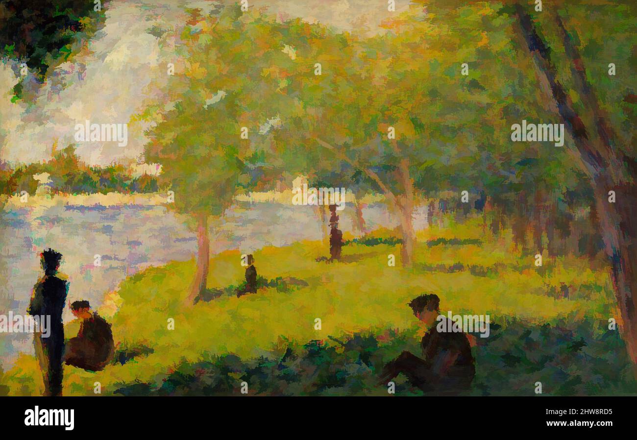 Art Inspired by Study for 'A Sunday on La Grande Jatte', 1884, Öl auf Holz, 6 1/8 x 9 1/2 Zoll (15,6 x 24,1 cm), Gemälde, Georges Seurat (Französisch, Paris 1859–1891 Paris), Diese kleine Tafel ist eine von etwa fünfzig Ölskizzen und Zeichnungen, die als Vorstudien für Seurats klassische Werke angefertigt wurden, die von Artotop mit einem Schuss Moderne modernisiert wurden. Formen, Farbe und Wert, auffällige visuelle Wirkung auf Kunst. Emotionen durch Freiheit von Kunstwerken auf zeitgemäße Weise. Eine zeitlose Botschaft, die eine wild kreative neue Richtung verfolgt. Künstler, die sich dem digitalen Medium zuwenden und die Artotop NFT erschaffen Stockfoto