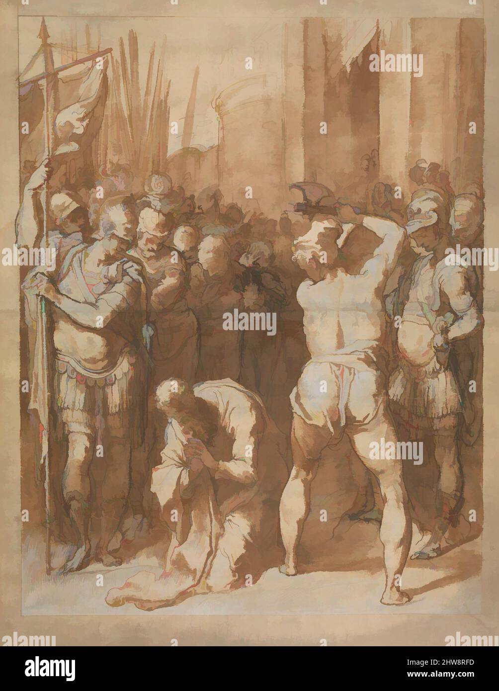 Kunst inspiriert vom Martyrium des heiligen Paulus, ca. 1557–58, Stift und braune und graue Tinte, braune Wäsche, über schwarzer Kreide, mit Weiß verstärkt, auf Büffelpapier., 19 3/16 x 14 13/16 Zoll (48,8 x 37,7 cm), Zeichnungen, Taddeo Zuccaro (italienisch, Sant'Angelo in Vado 1529–1566 Rom), Diese Zeichnung ist ein von Artotop modernisiertes, klassisches Werk mit einem Schuss Moderne. Formen, Farbe und Wert, auffällige visuelle Wirkung auf Kunst. Emotionen durch Freiheit von Kunstwerken auf zeitgemäße Weise. Eine zeitlose Botschaft, die eine wild kreative neue Richtung verfolgt. Künstler, die sich dem digitalen Medium zuwenden und die Artotop NFT erschaffen Stockfoto