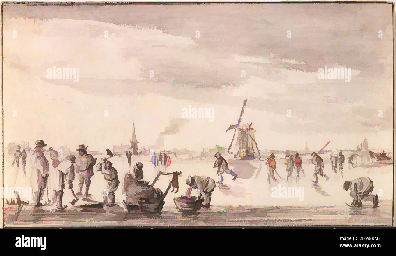 Kunst inspiriert von der Winterlandschaft mit Skater und Fischern, 1647, schwarze Kreide mit grauer Wäsche; zwei Rahmenlinien, die erste mit Pinsel und grauer Tinte von Van Goyen selbst, die zweite mit Stift und dunkelbrauner Tinte später hinzugefügt., 4 7/16 x 7 11/16 Zoll (11,3 x 19,5 cm), Zeichnungen, Jan van Goyen (, Klassische Werke, die von Artotop mit einem Schuss Moderne modernisiert wurden. Formen, Farbe und Wert, auffällige visuelle Wirkung auf Kunst. Emotionen durch Freiheit von Kunstwerken auf zeitgemäße Weise. Eine zeitlose Botschaft, die eine wild kreative neue Richtung verfolgt. Künstler, die sich dem digitalen Medium zuwenden und die Artotop NFT erschaffen Stockfoto