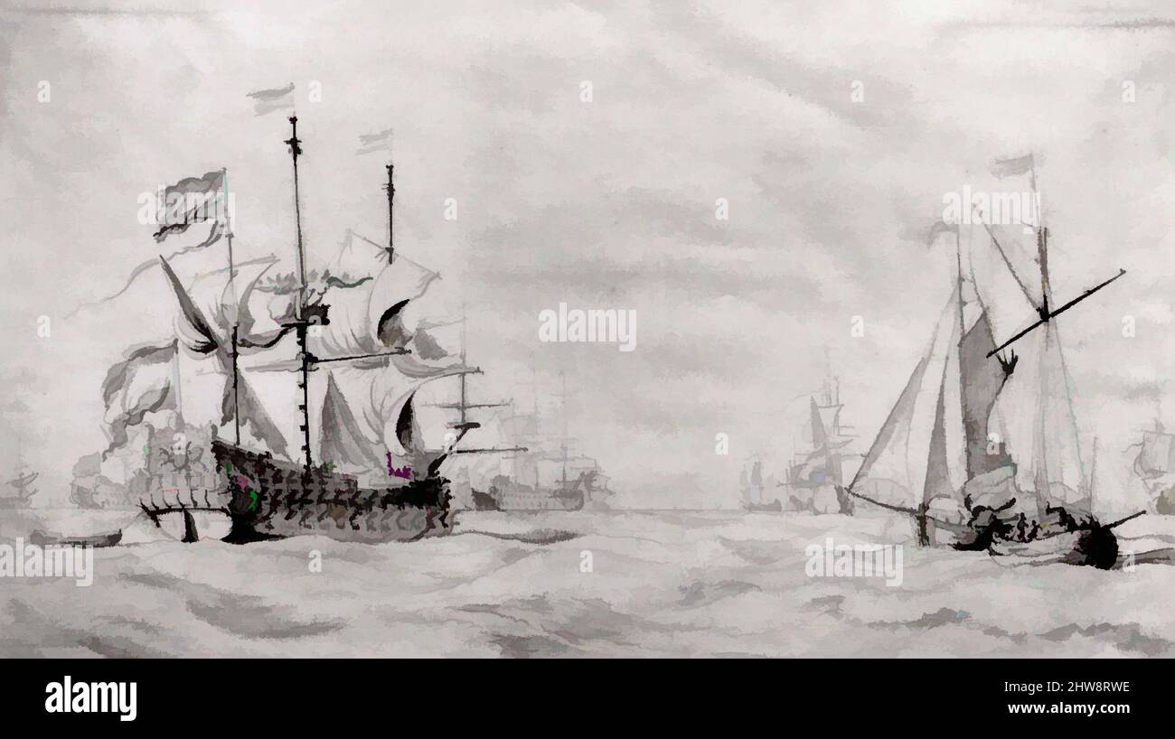 Kunst inspiriert von Einem großen holländischen Schiff mit einer Flotte auf See und zwei kleinen Schiffen, ca. 1672, Bleistift, Pinsel und graue Tinte und Grauwäsche, 9 1/2 x 16 9/16 Zoll (24,1 x 42 cm), Zeichnungen, Willem van de Velde I (Niederländisch, Leiden 1611–1693 London, Klassische Werke, die von Artotop mit einem Schuss Moderne modernisiert wurden. Formen, Farbe und Wert, auffällige visuelle Wirkung auf Kunst. Emotionen durch Freiheit von Kunstwerken auf zeitgemäße Weise. Eine zeitlose Botschaft, die eine wild kreative neue Richtung verfolgt. Künstler, die sich dem digitalen Medium zuwenden und die Artotop NFT erschaffen Stockfoto