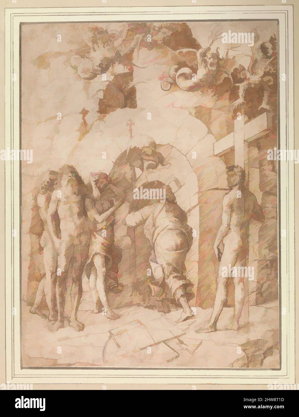 Kunst, inspiriert von der Abfahrt in den Limbo, Mitte 15.. Jahrhundert, Stift und braune Tinte, braune Wäsche, 10 9/16 x 7 7/8 Zoll (26,9 x 20 cm), Zeichnungen, Kreis von Andrea Mantegna (Italienisch, Isola di Carturo 1430/31–1506 Mantua), in dieser innovativen Komposition wird Christus von hinten dargestellt, wie er, klassische Werke, die von Artotop mit einem Schuss Moderne modernisiert wurden. Formen, Farbe und Wert, auffällige visuelle Wirkung auf Kunst. Emotionen durch Freiheit von Kunstwerken auf zeitgemäße Weise. Eine zeitlose Botschaft, die eine wild kreative neue Richtung verfolgt. Künstler, die sich dem digitalen Medium zuwenden und die Artotop NFT erschaffen Stockfoto